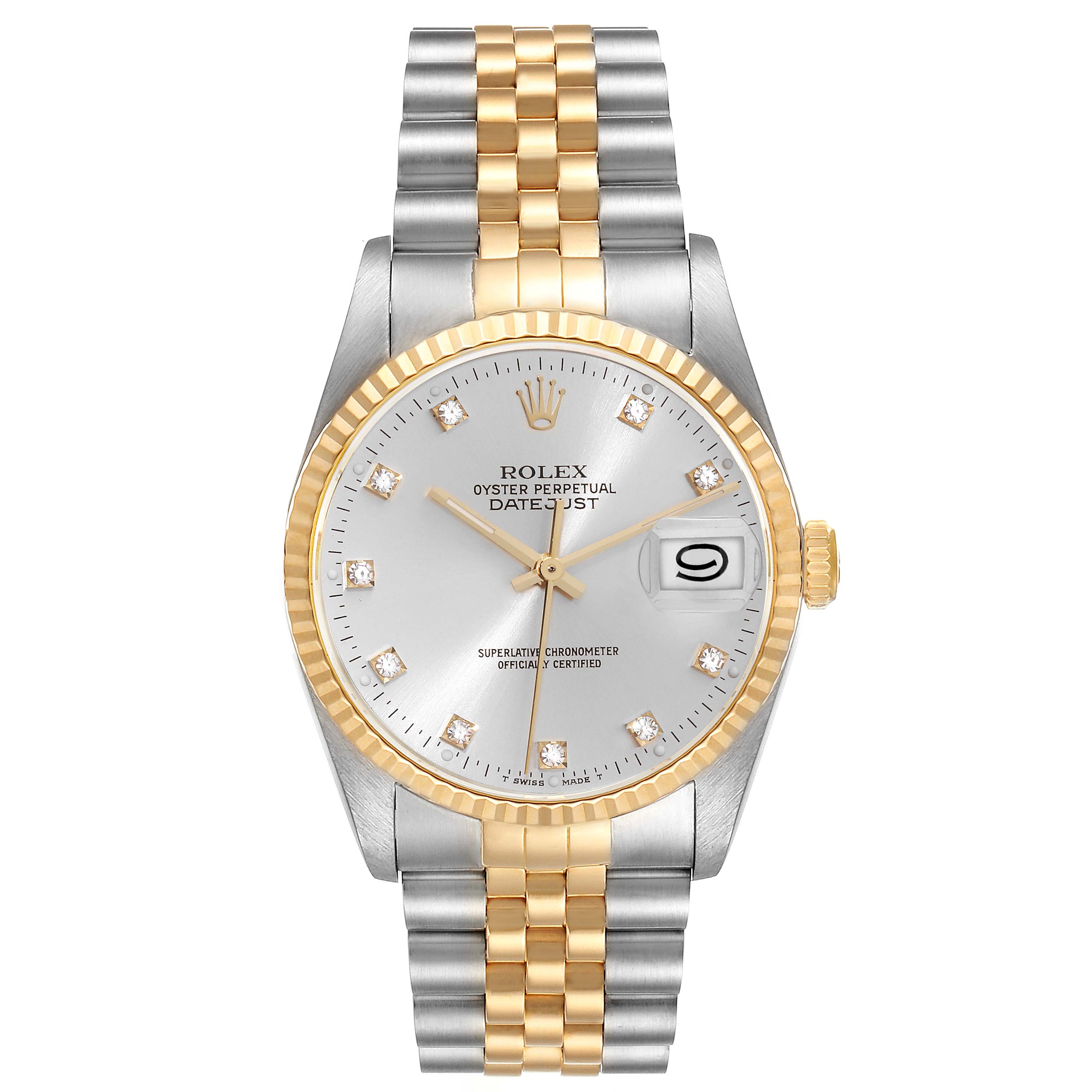 The image shows a front view of a Rolex Datejust 16233 Men's Steel and Gold (two tone) Silver Dial 16233 Men's Steel and Gold (two tone) Silver Dial watch with a silver and gold Jubilee bracelet and a fluted bezel.