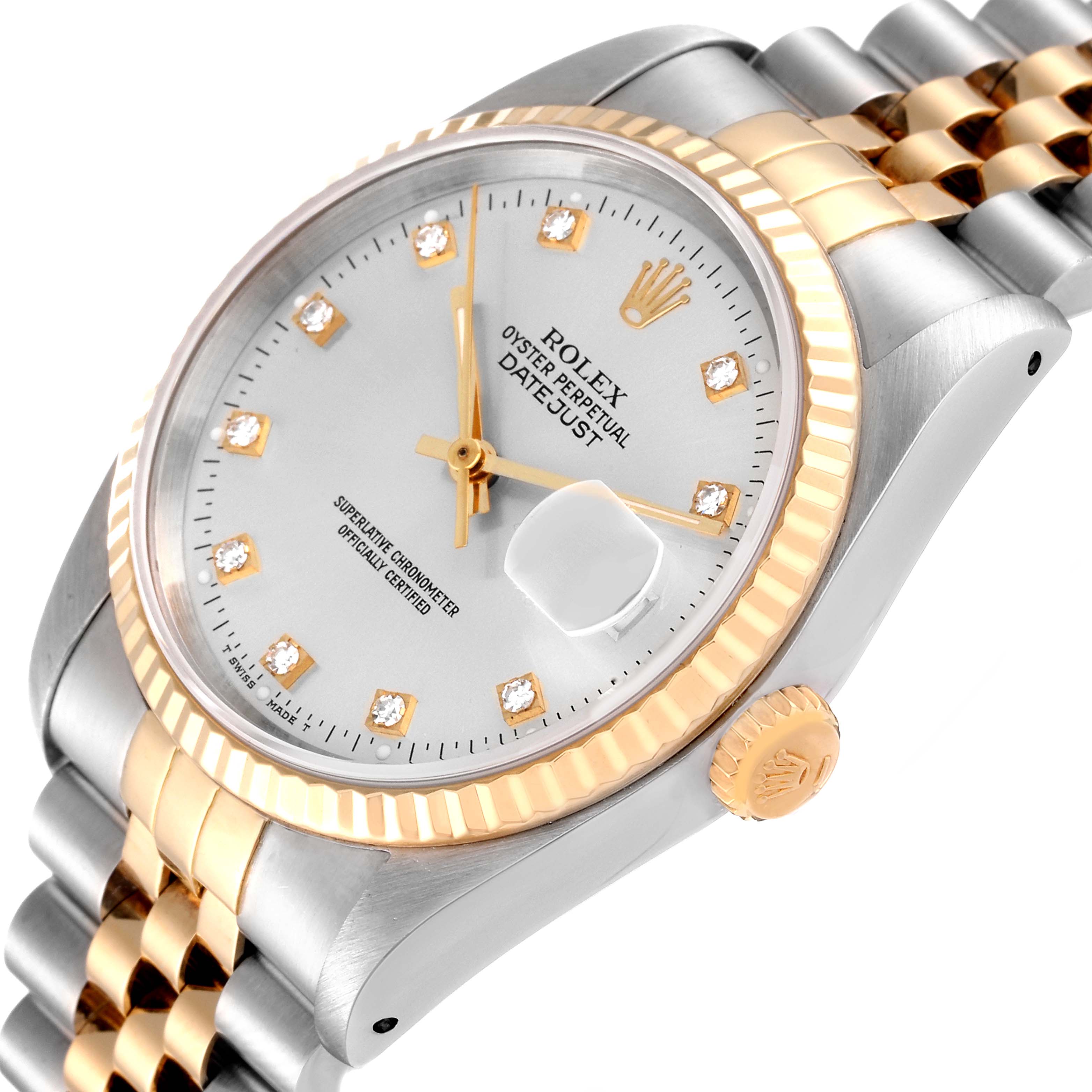 The image shows a Rolex Datejust 16233 Men's Steel and Gold (two tone) Silver Dial 16233 Men's Steel and Gold (two tone) Silver Dial watch at an angled close-up, highlighting the gold bezel, dial, and two-tone bracelet.