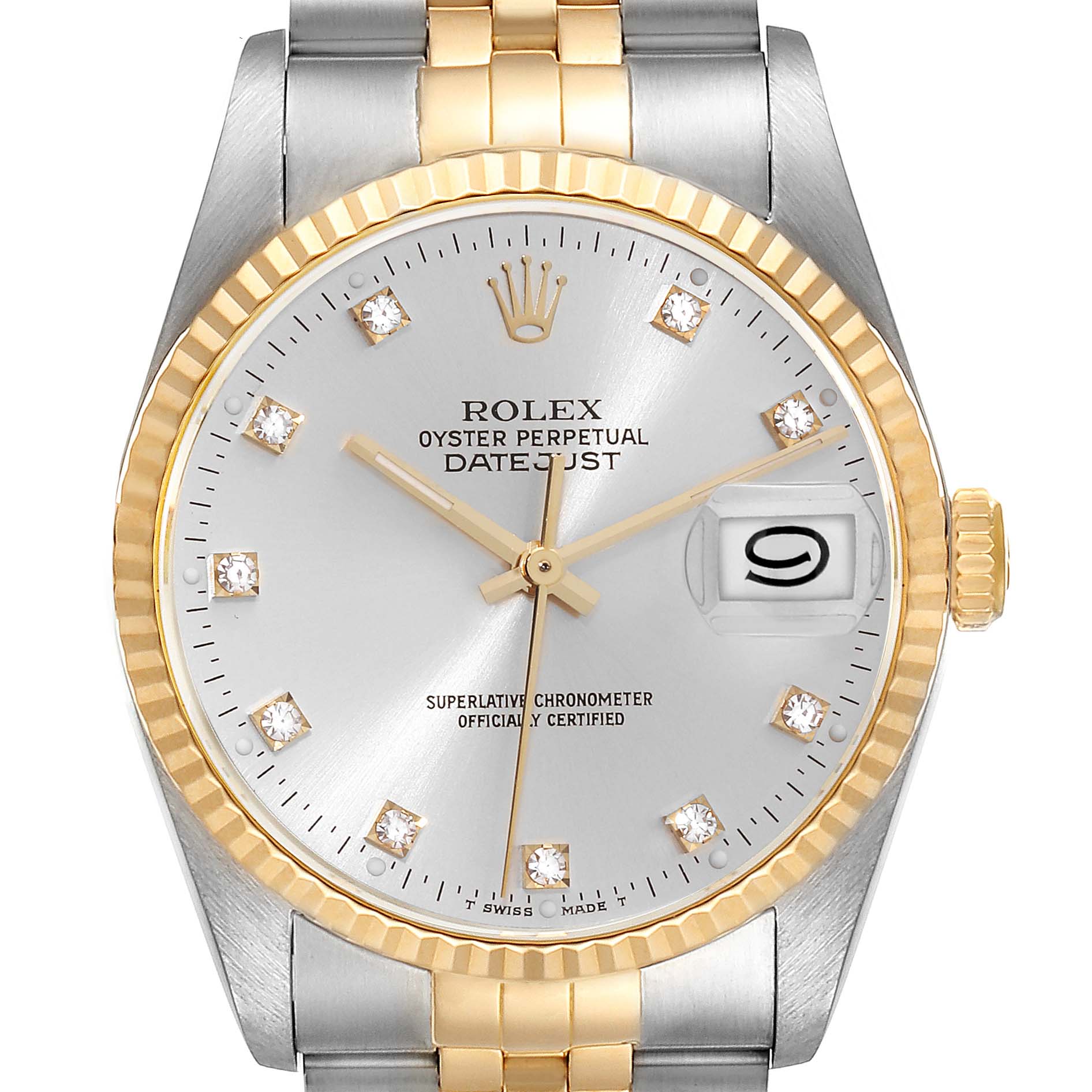 The image shows a close-up of the Rolex Datejust 16233 Men's Steel and Gold (two tone) Silver Dial 16233 Men's Steel and Gold (two tone) Silver Dial watch's dial, bezel, and parts of the bracelet.