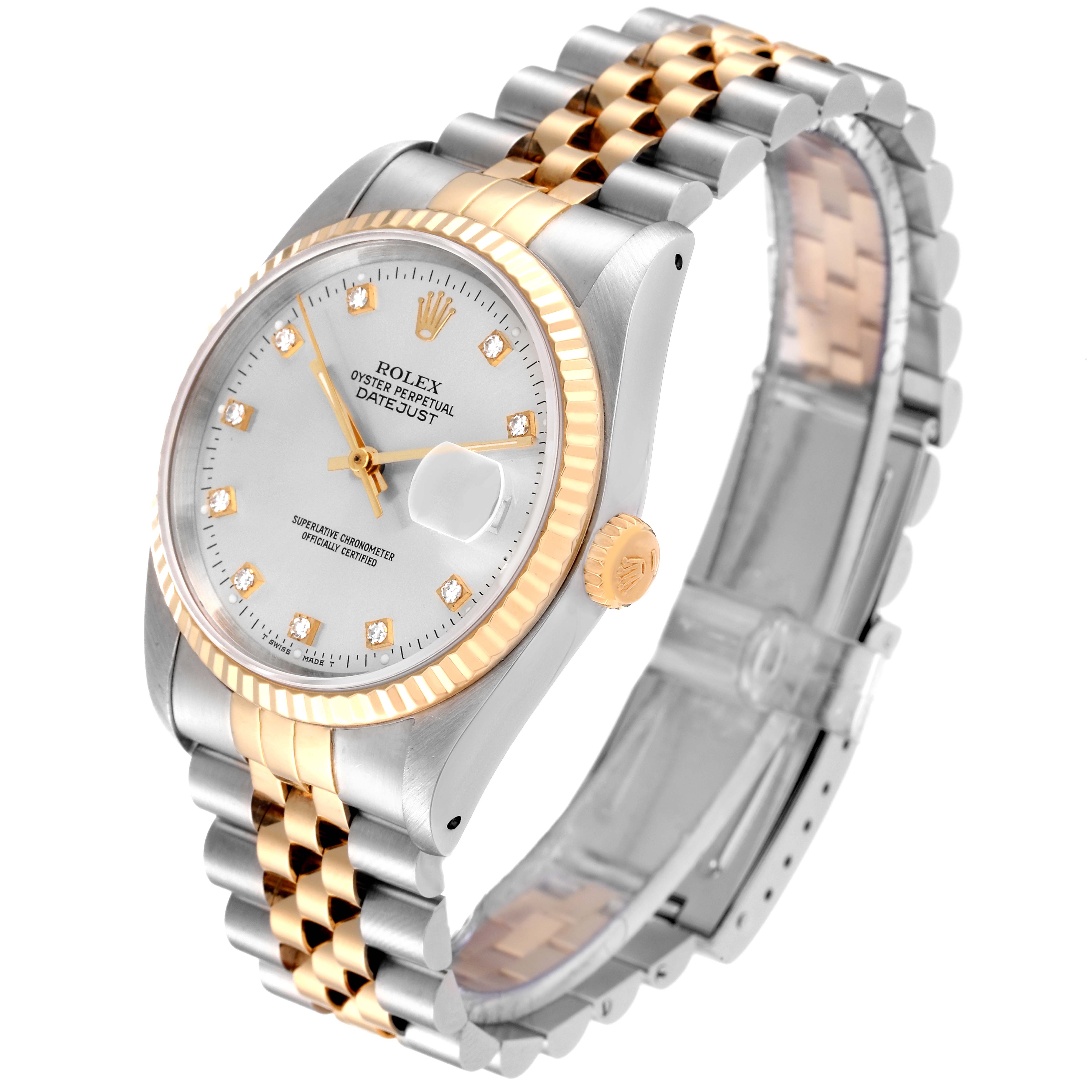 The image shows a Rolex Datejust 16233 Men's Steel and Gold (two tone) Silver Dial 16233 Men's Steel and Gold (two tone) Silver Dial watch at a three-quarter angle, highlighting its dial, fluted bezel, and two-tone bracelet.