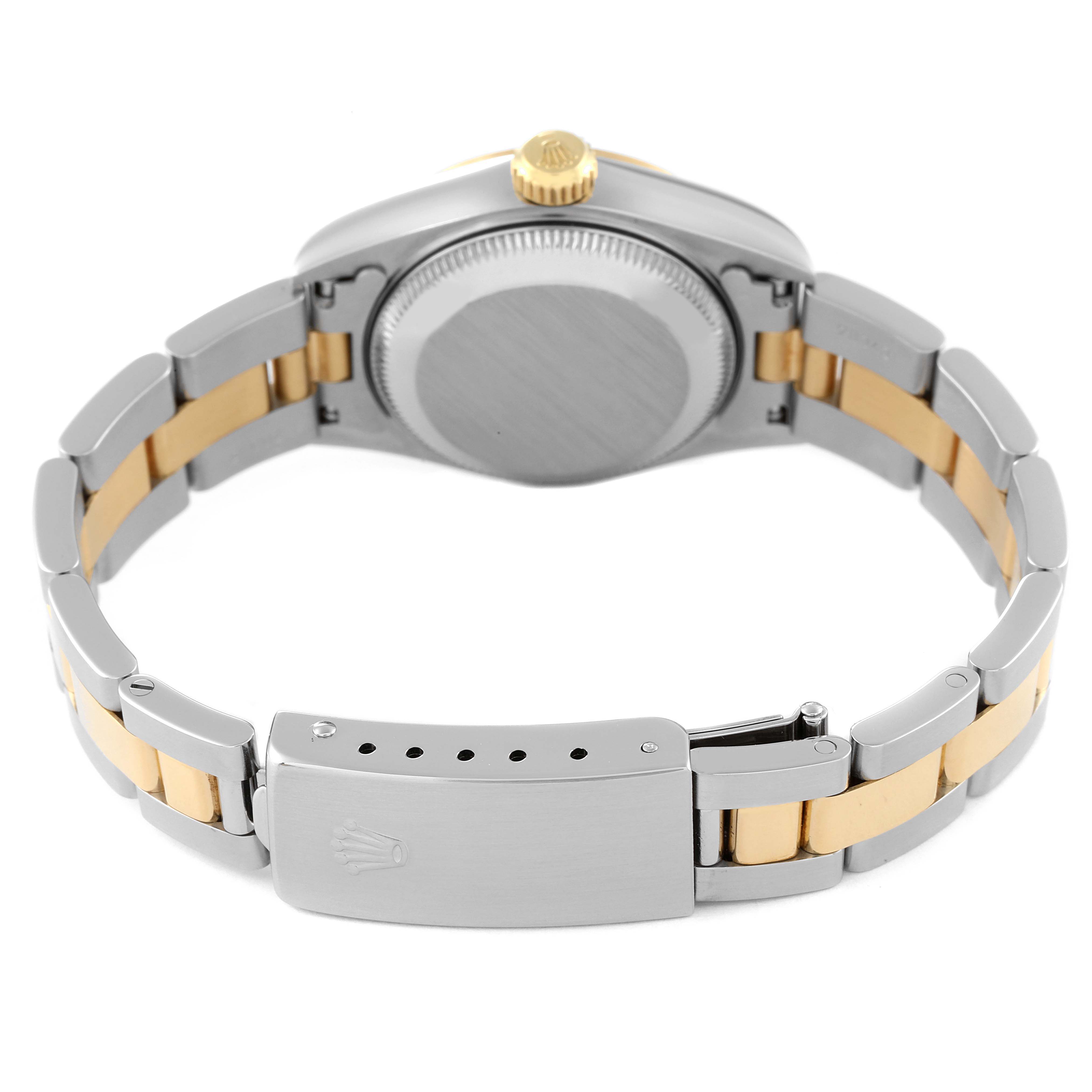 The image shows the back view of a Rolex Datejust 69163 Women's Steel and Gold (two tone) Grey Dial 69163 Women's Steel and Gold (two tone) Grey Dial watch, focusing on the case back and clasp of the two-tone bracelet.