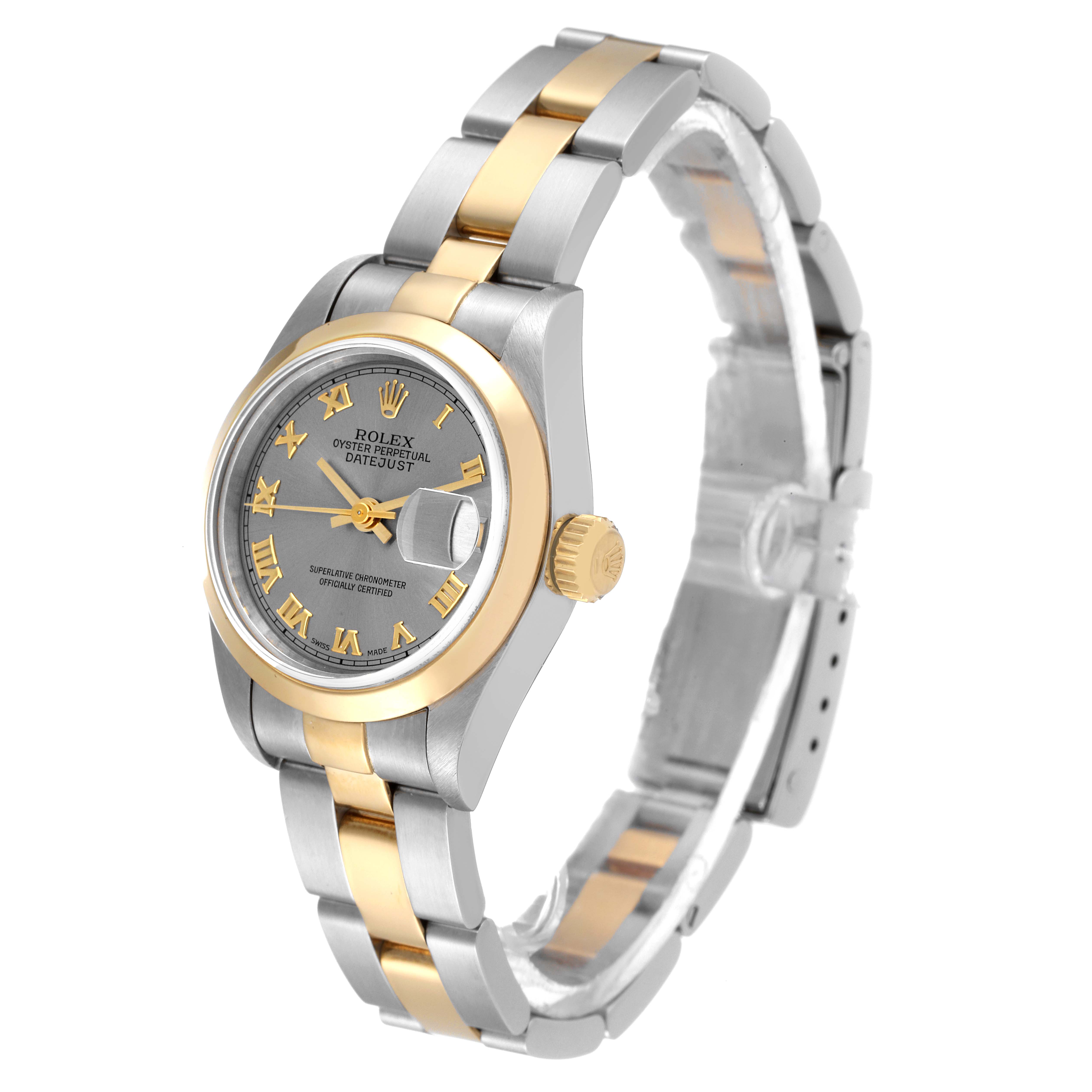 The image shows a Rolex Datejust 69163 Women's Steel and Gold (two tone) Grey Dial 69163 Women's Steel and Gold (two tone) Grey Dial watch at a slight angle displaying the face, bezel, crown, and part of the bracelet.