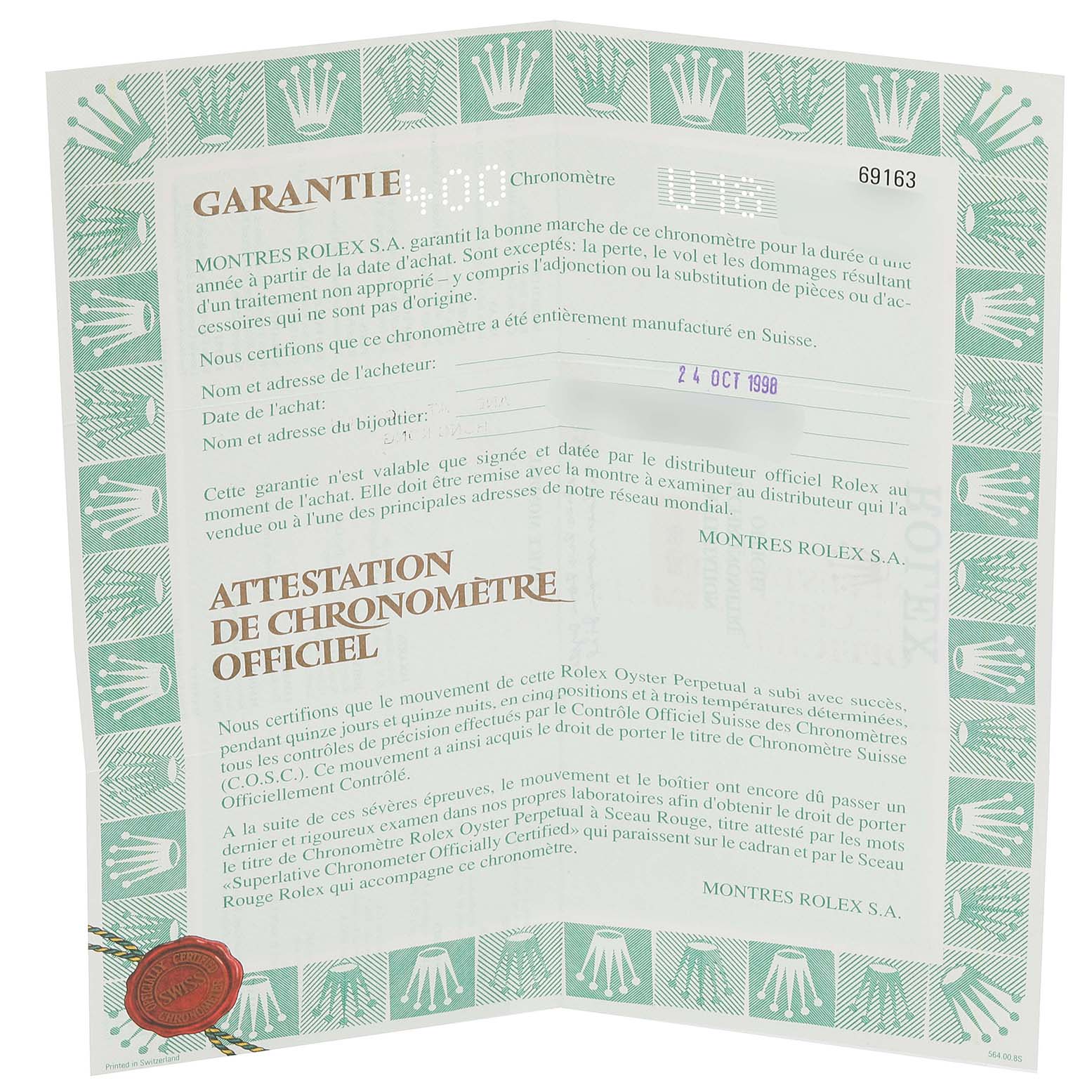 This image shows a warranty certificate for the Rolex Datejust 69163 Women's Steel and Gold (two tone) Grey Dial 69163 Women's Steel and Gold (two tone) Grey Dial model from a partial front angle.