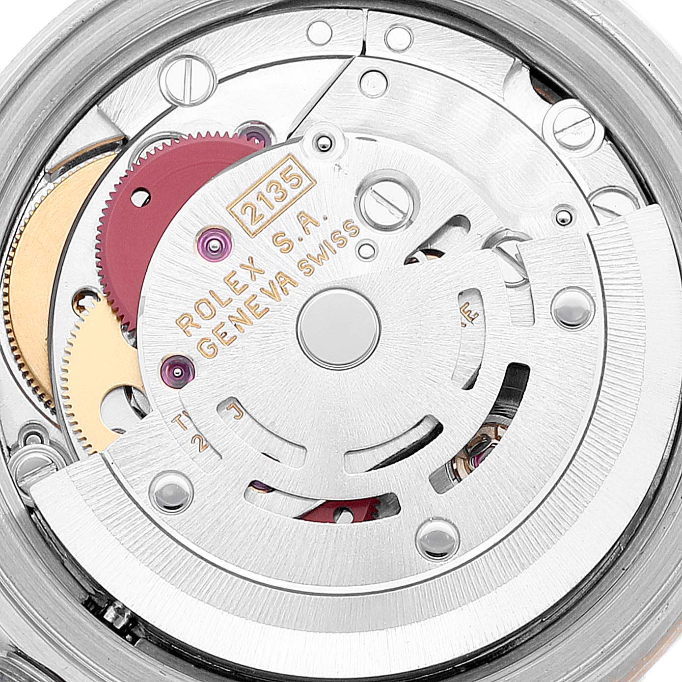 This image shows a close-up view of the Rolex Datejust 69163 Women's Steel and Gold (two tone) Grey Dial 69163 Women's Steel and Gold (two tone) Grey Dial watch movement mechanism from the back.