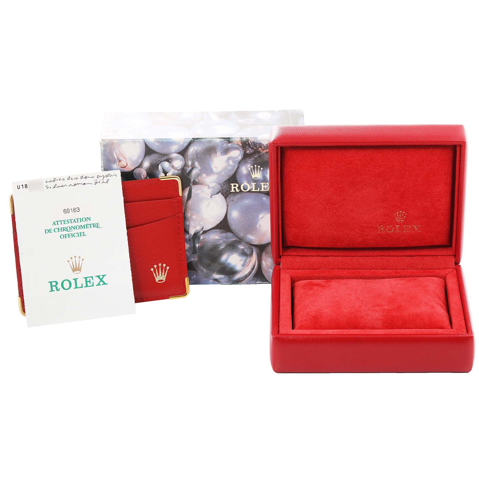 The image shows a Rolex Datejust 69163 Women's Steel and Gold (two tone) Grey Dial 69163 Women's Steel and Gold (two tone) Grey Dial watch box, cardholder, and official chronometer certification.