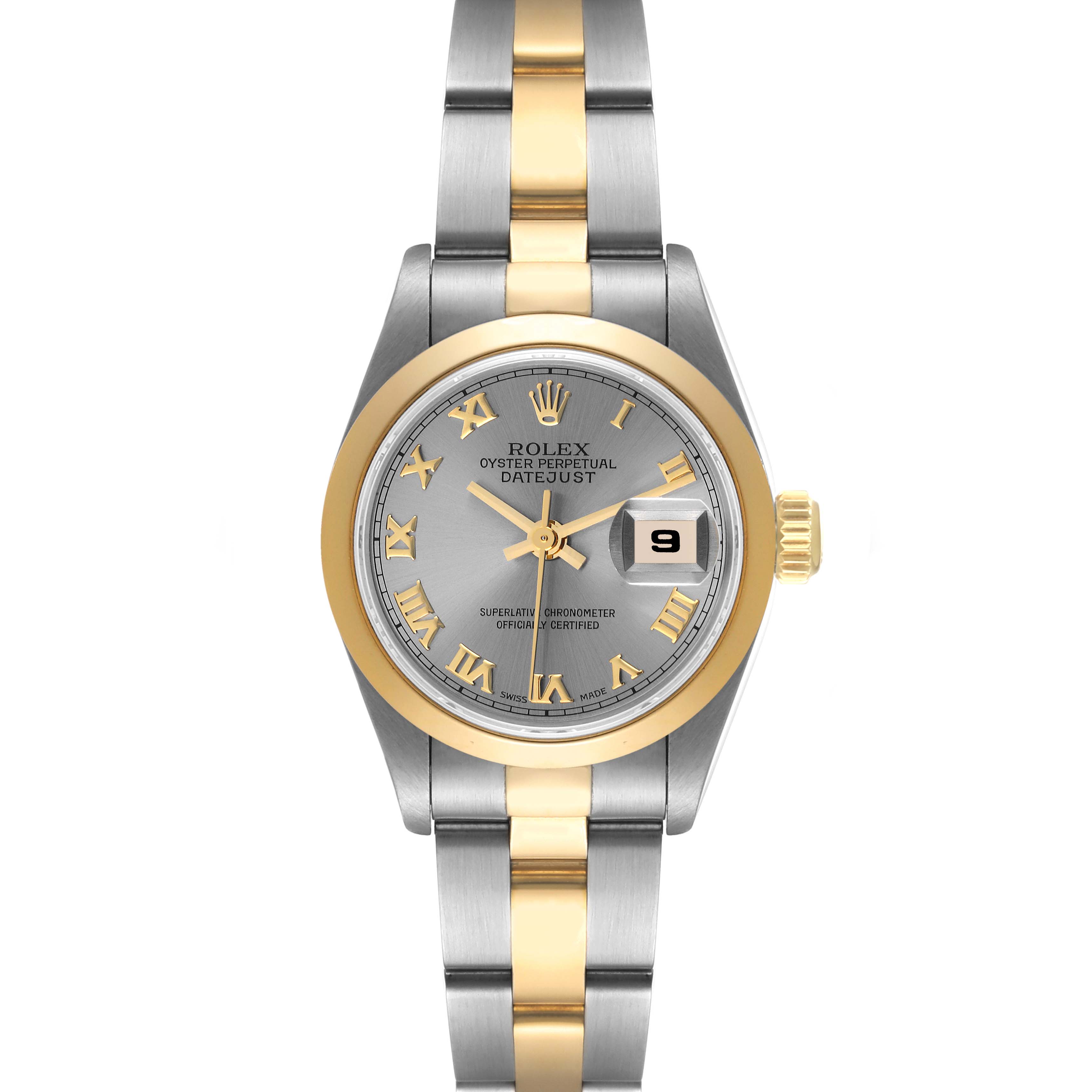 This is a front view of a Rolex Datejust 69163 Women's Steel and Gold (two tone) Grey Dial 69163 Women's Steel and Gold (two tone) Grey Dial watch displaying its dial, bezel, bracelet, and date window.