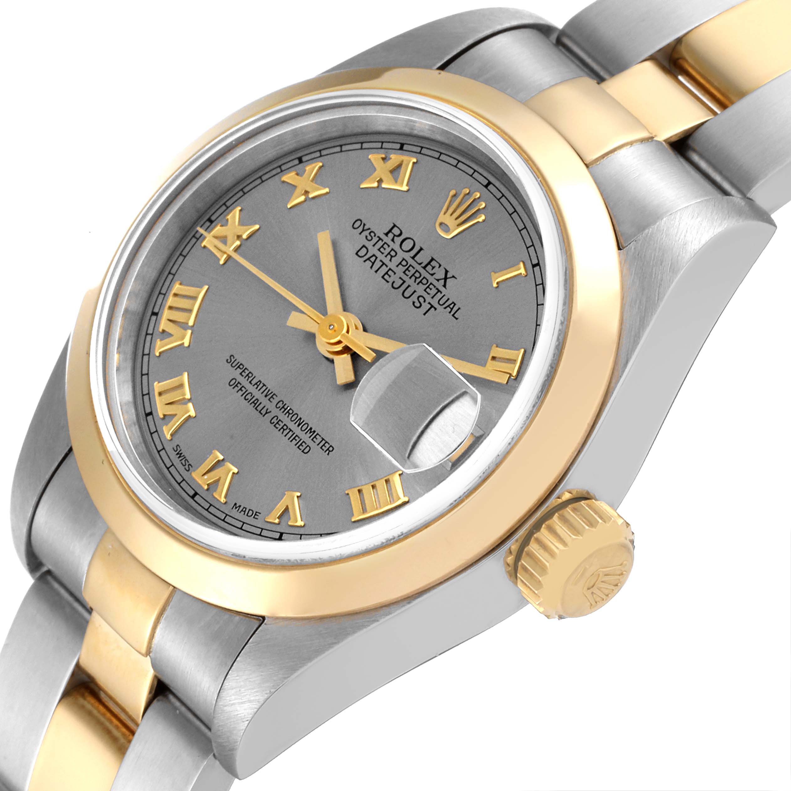 This image shows a Rolex Datejust 69163 Women's Steel and Gold (two tone) Grey Dial 69163 Women's Steel and Gold (two tone) Grey Dial watch from a slightly angled front view, focusing on the dial, bezel, and part of the bracelet.