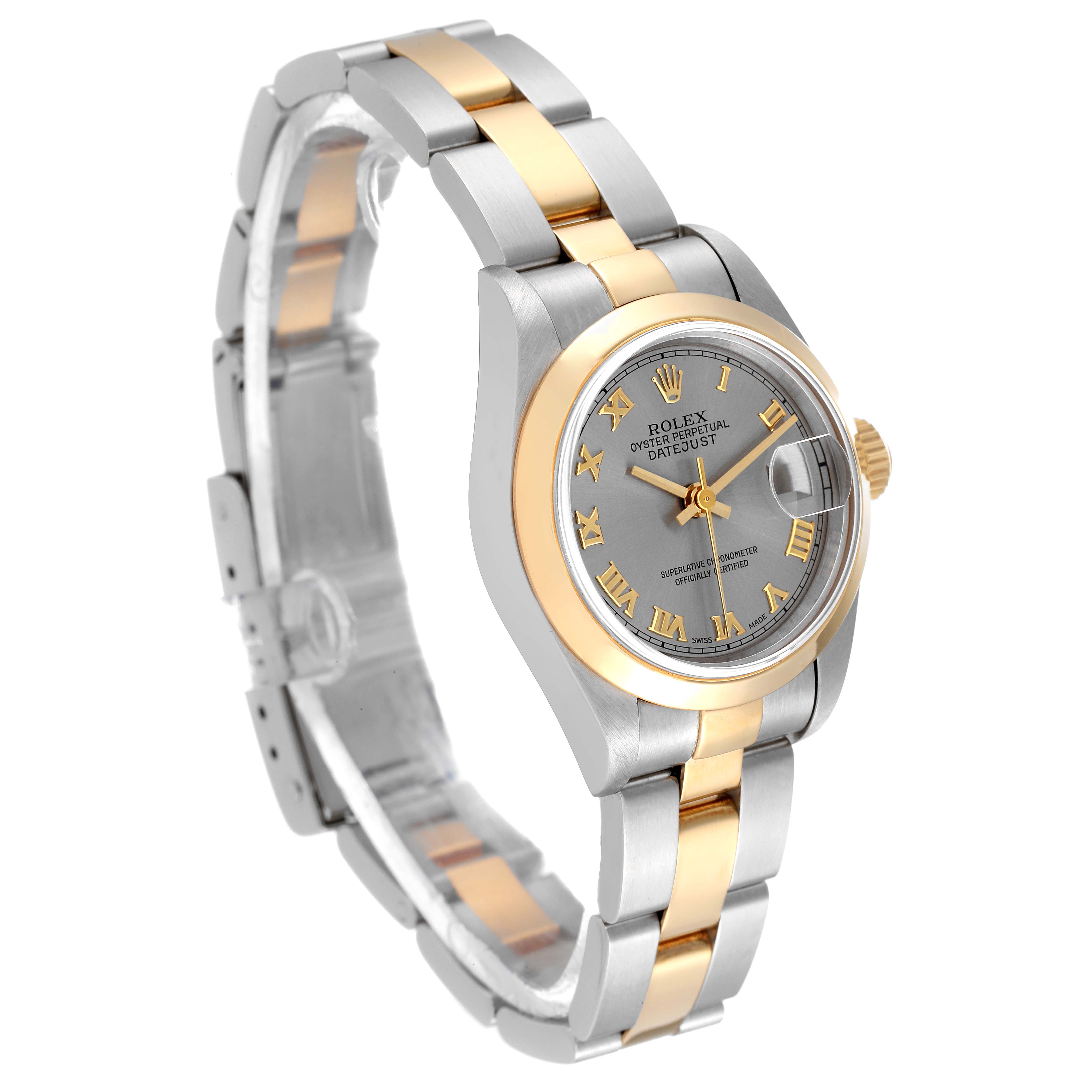 The Rolex Datejust 69163 Women's Steel and Gold (two tone) Grey Dial 69163 Women's Steel and Gold (two tone) Grey Dial watch is shown at a slight angle showcasing the face, bezel, bracelet, and clasp.