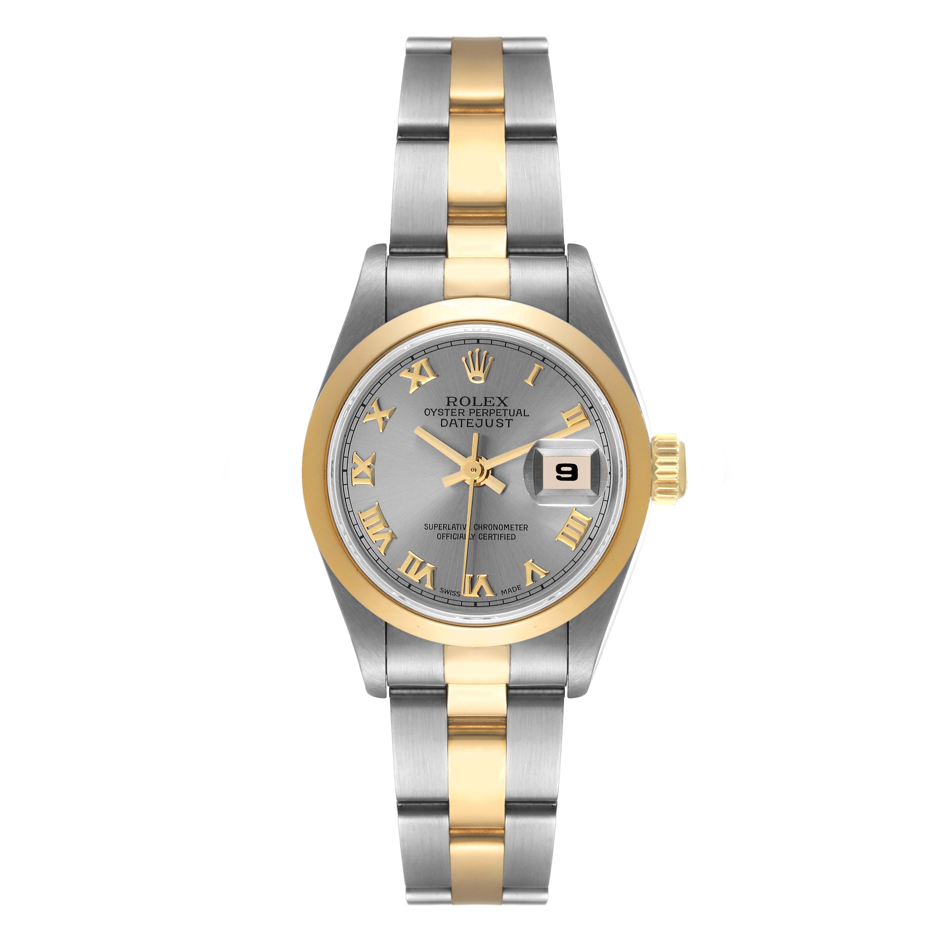 This Rolex Datejust 69163 Women's Steel and Gold (two tone) Grey Dial 69163 Women's Steel and Gold (two tone) Grey Dial watch is shown from a top-down angle, highlighting its dial, bezel, and two-tone bracelet.