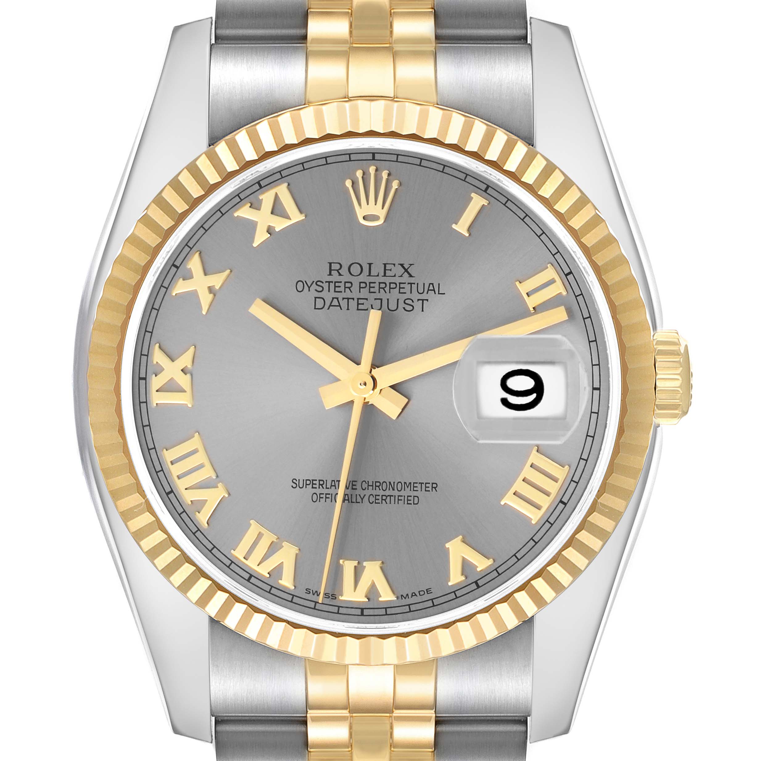 The image shows a frontal view of the Rolex Datejust men
s watch, model number 116233, highlighting the dial, bezel, crown, and part of the bracelet.
