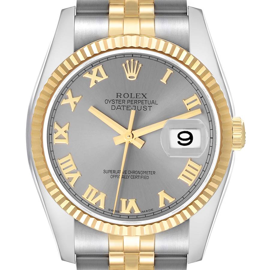 The image shows a frontal view of the Rolex Datejust men's watch, model number 116233, highlighting the dial, bezel, crown, and part of the bracelet.