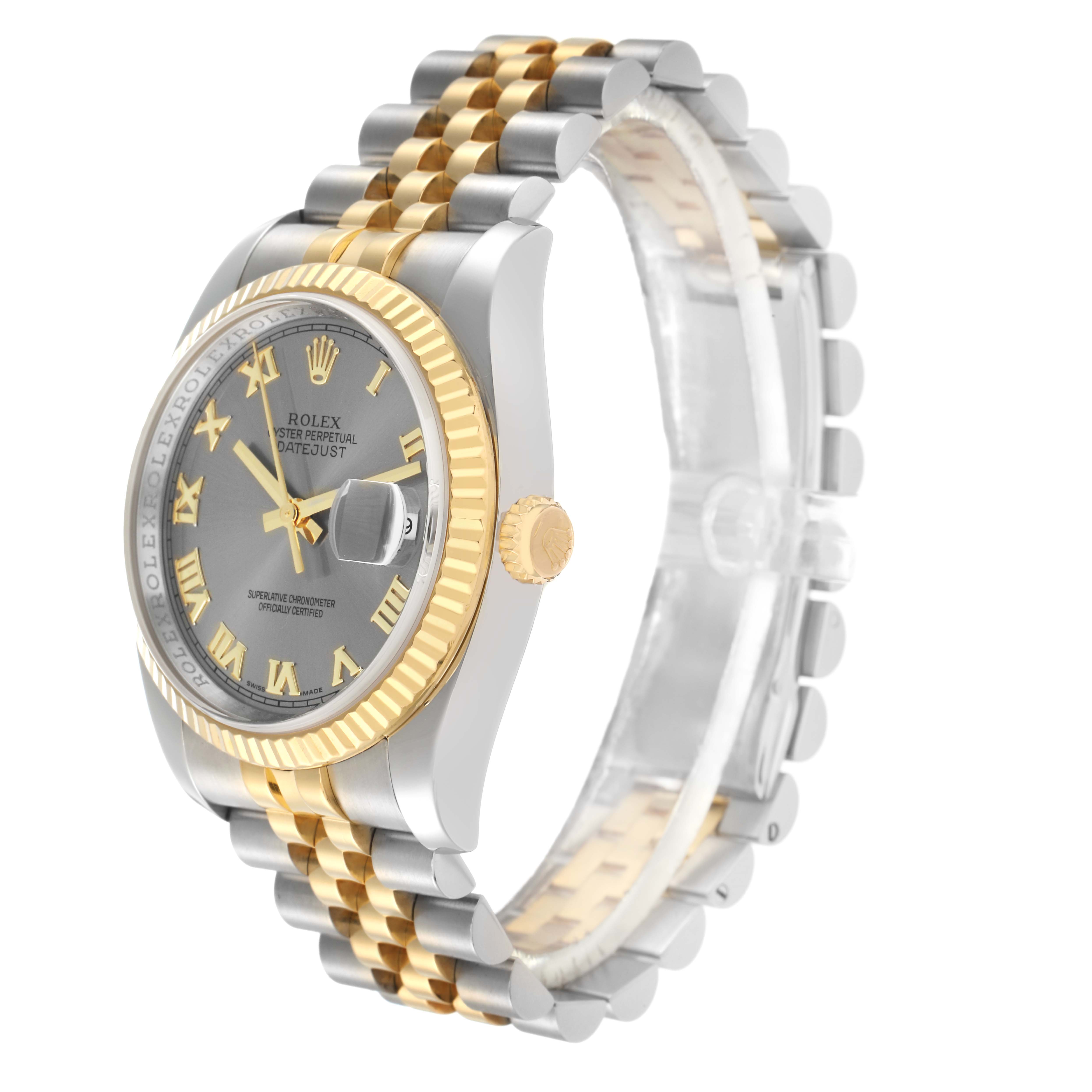 The image shows a Rolex Datejust model 116233 men
s watch at a three-quarter angle, highlighting the two-tone bracelet, dial, and fluted bezel.