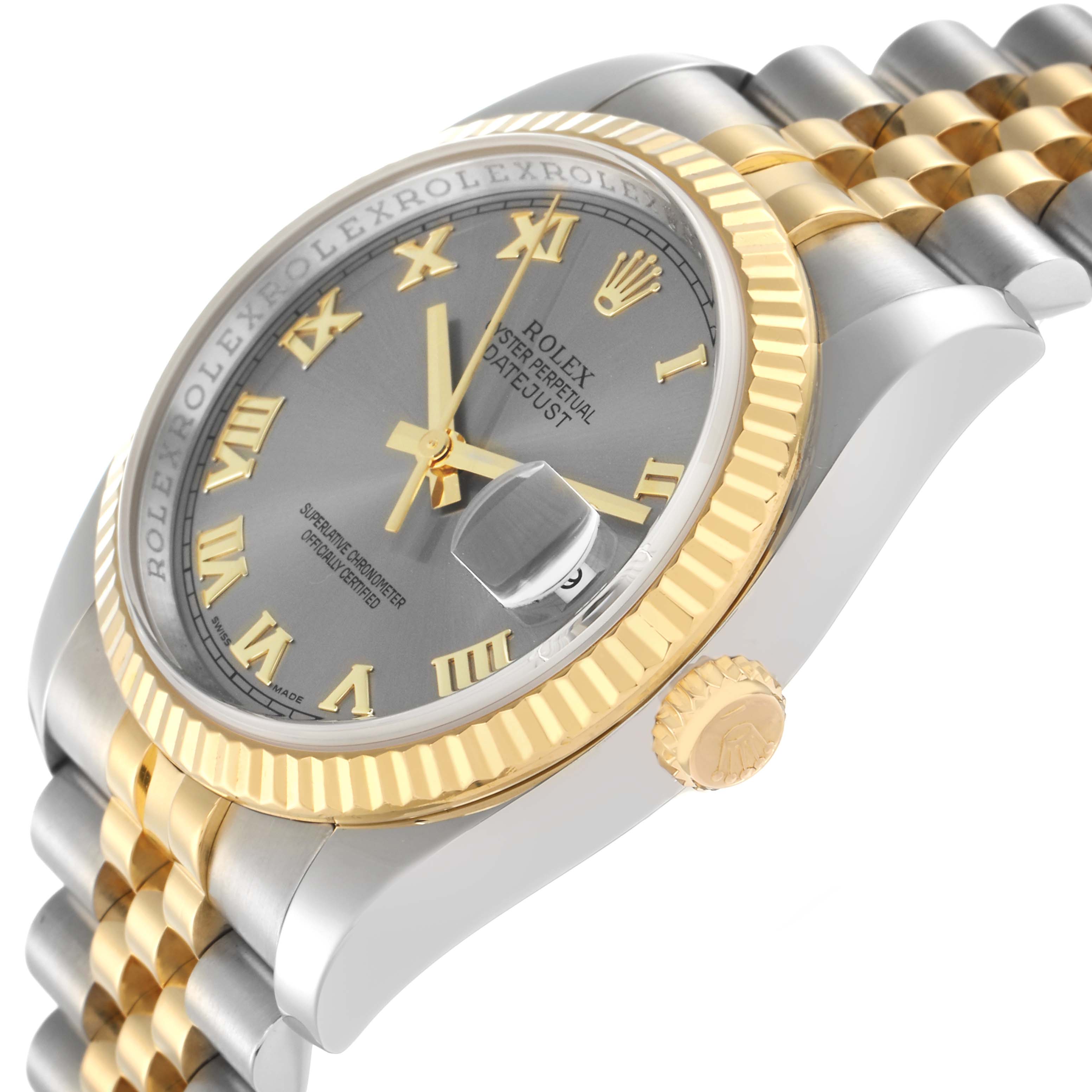 The image shows a Rolex Datejust model 116233 from a side angle, highlighting the gold fluted bezel, crown, gray dial, and Jubilee bracelet.