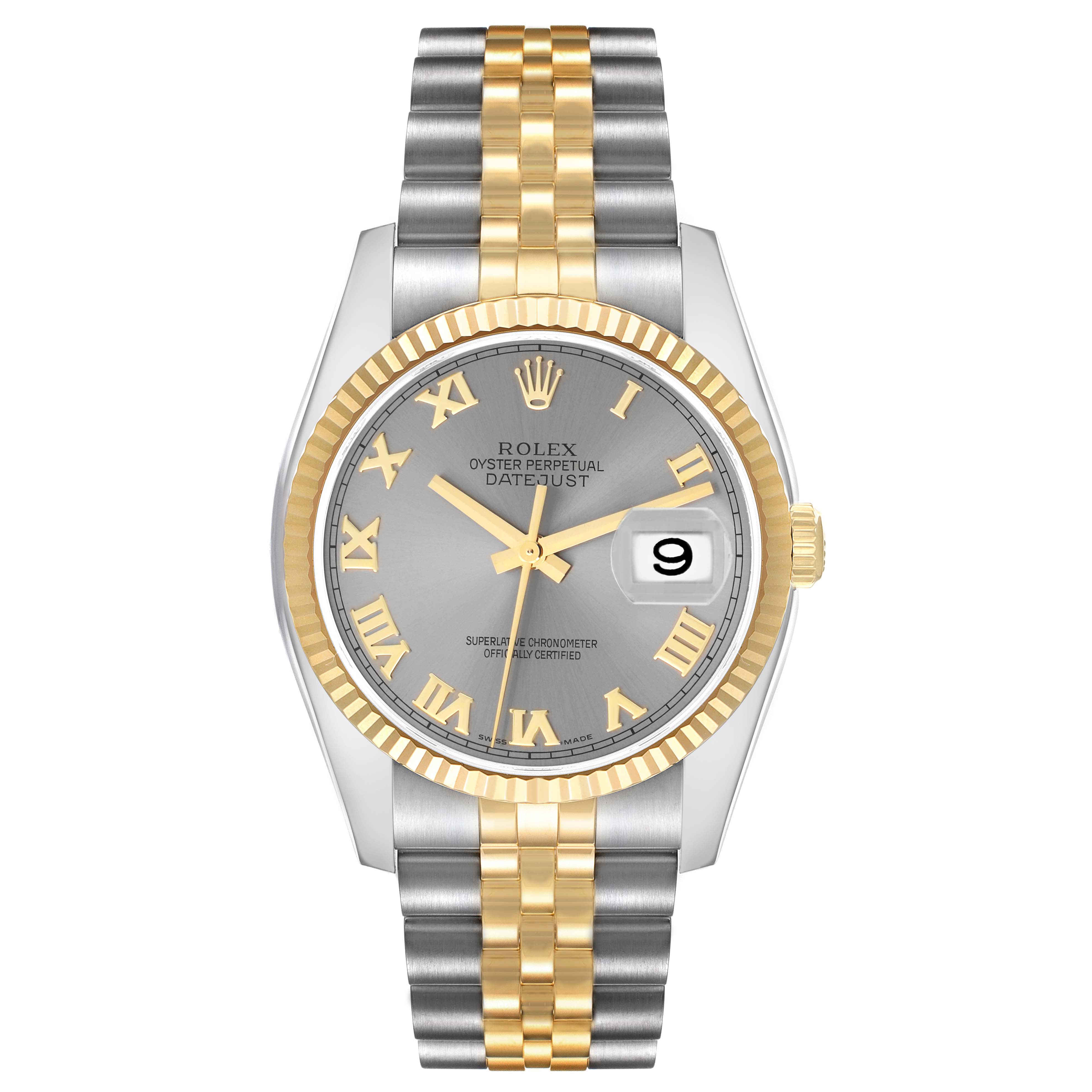 The image shows a front view of the Rolex Datejust 116233 men
s watch, highlighting its two-tone bracelet, fluted bezel, and date window.