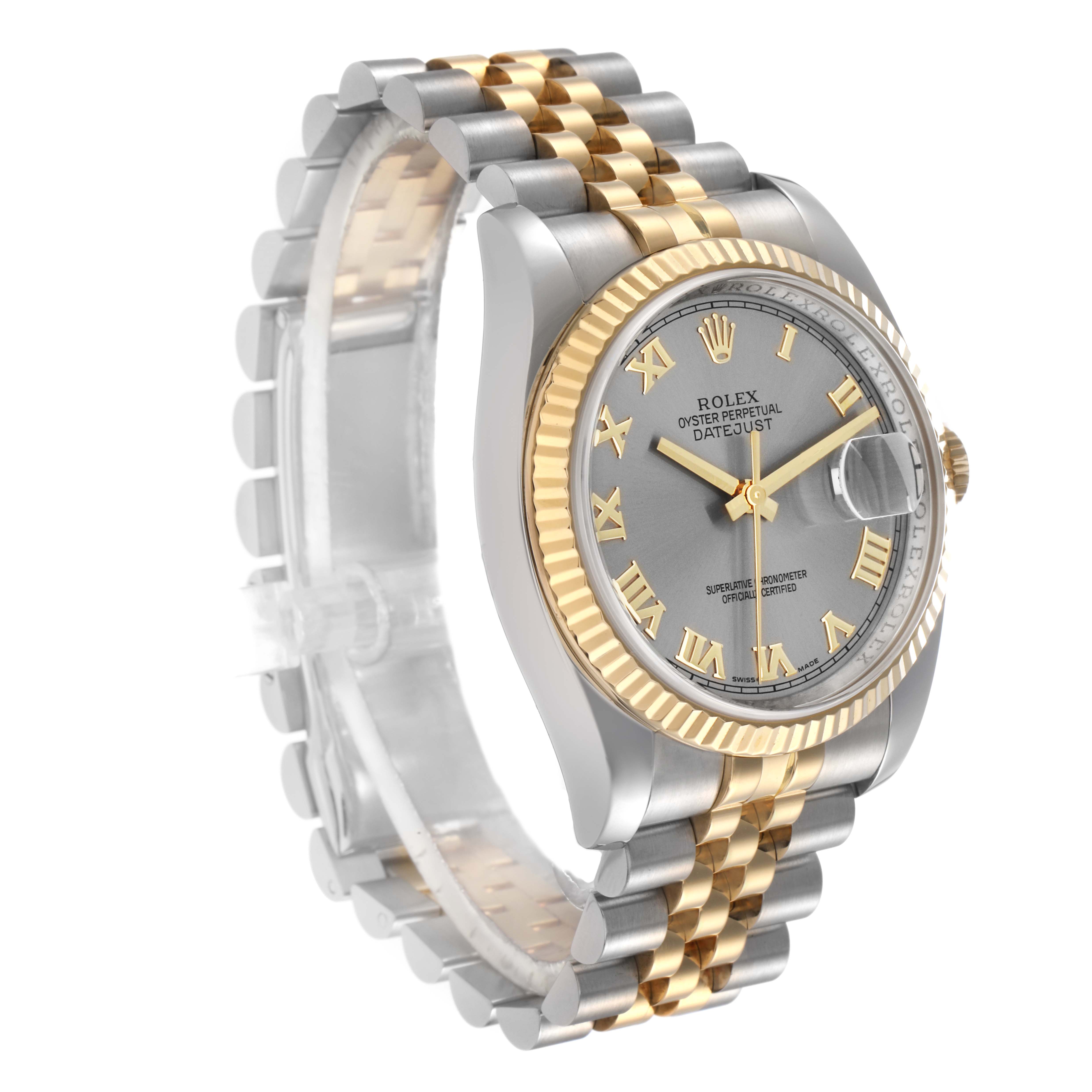 The Rolex Datejust model 116233 is shown at an angled side view, highlighting the two-tone bracelet, fluted bezel, and grey dial with Roman numerals.
