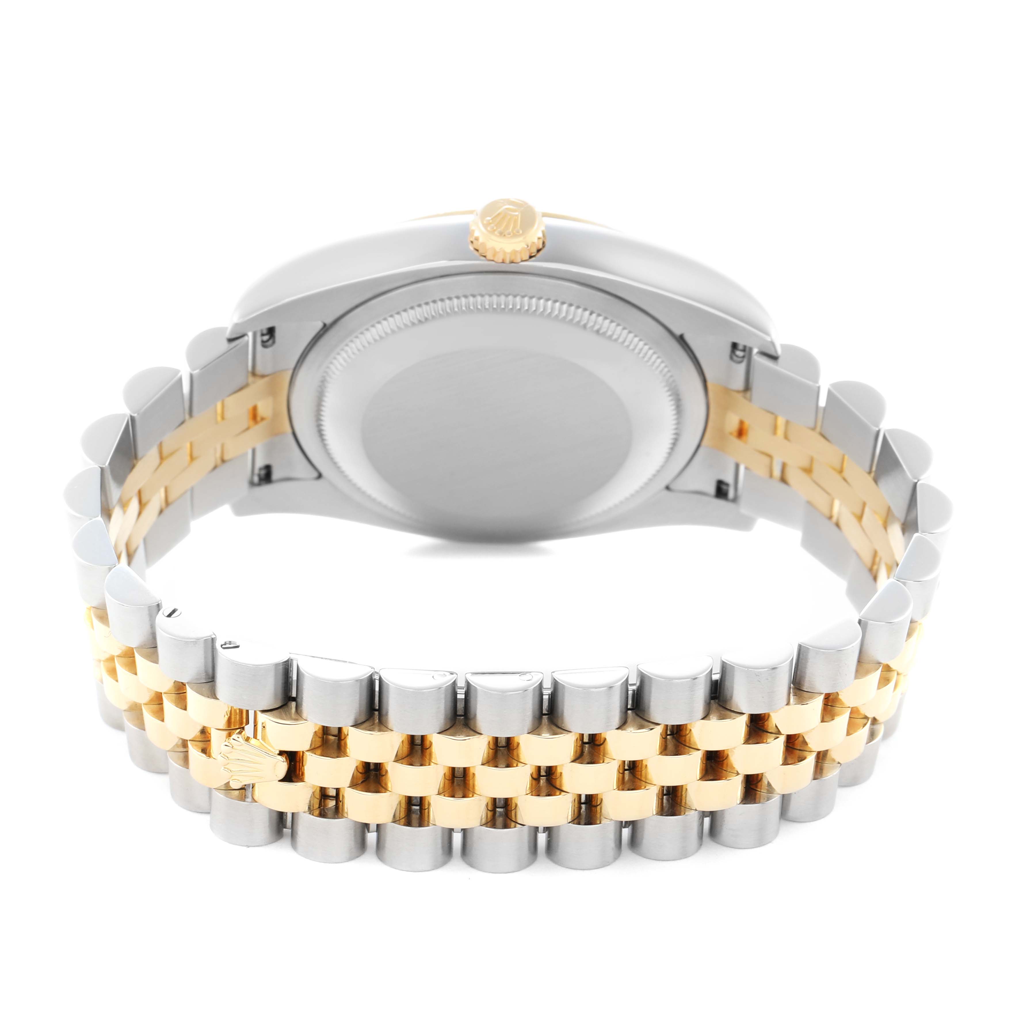 The image shows the back of a Rolex Datejust model 116233 men
s watch, featuring its two-tone bracelet and case back from a rear angle.
