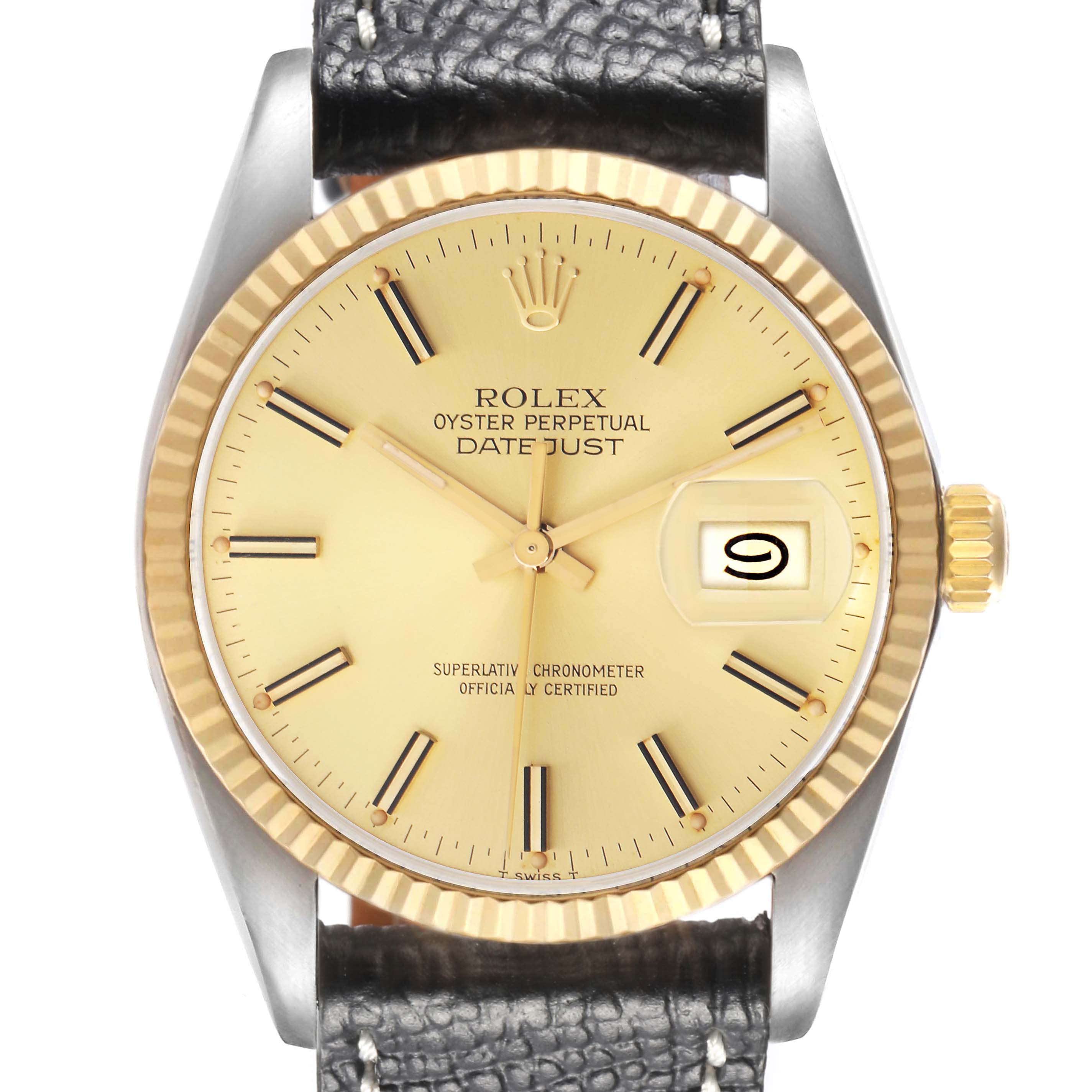 The Rolex Datejust model 16013 is shown from a front view, highlighting its gold dial, fluted bezel, black leather strap, and date window.
