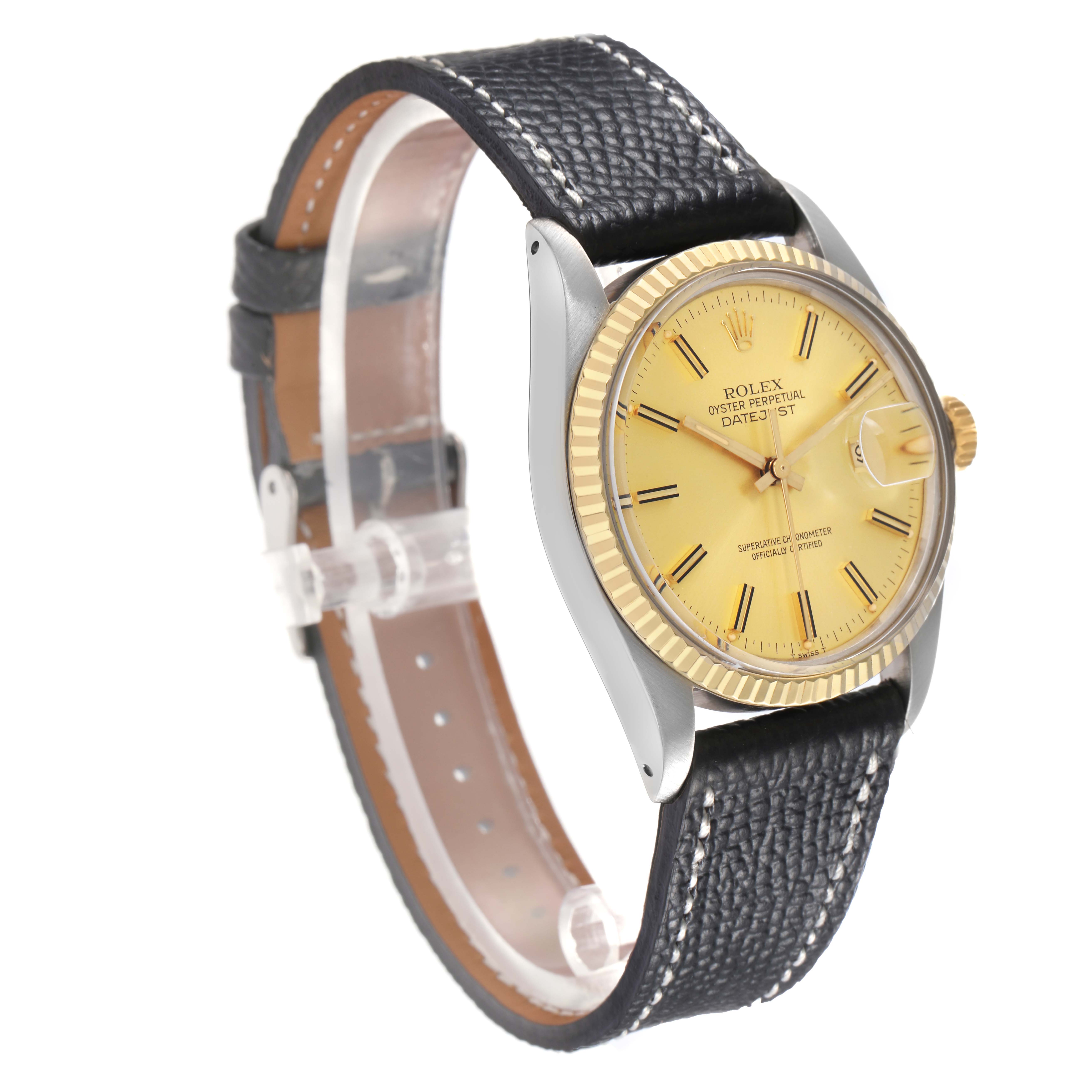 The image shows a Rolex Datejust model 16013 men
s watch from a three-quarter angle, highlighting the yellow dial, fluted bezel, and black leather strap.