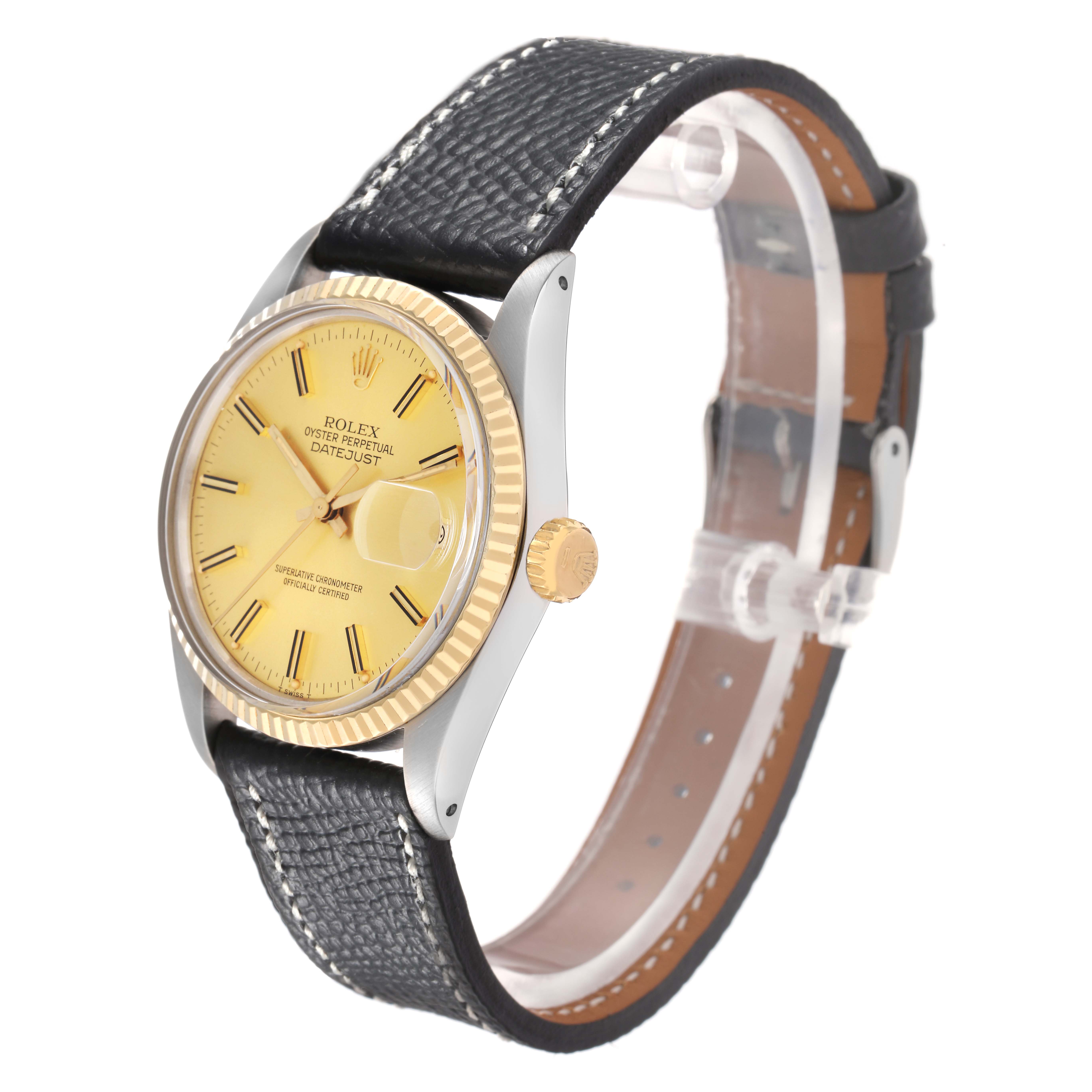 The Rolex Datejust 16013 men
s watch is shown at a slight angle, displaying the dial, fluted bezel, crown, and part of the black leather strap.