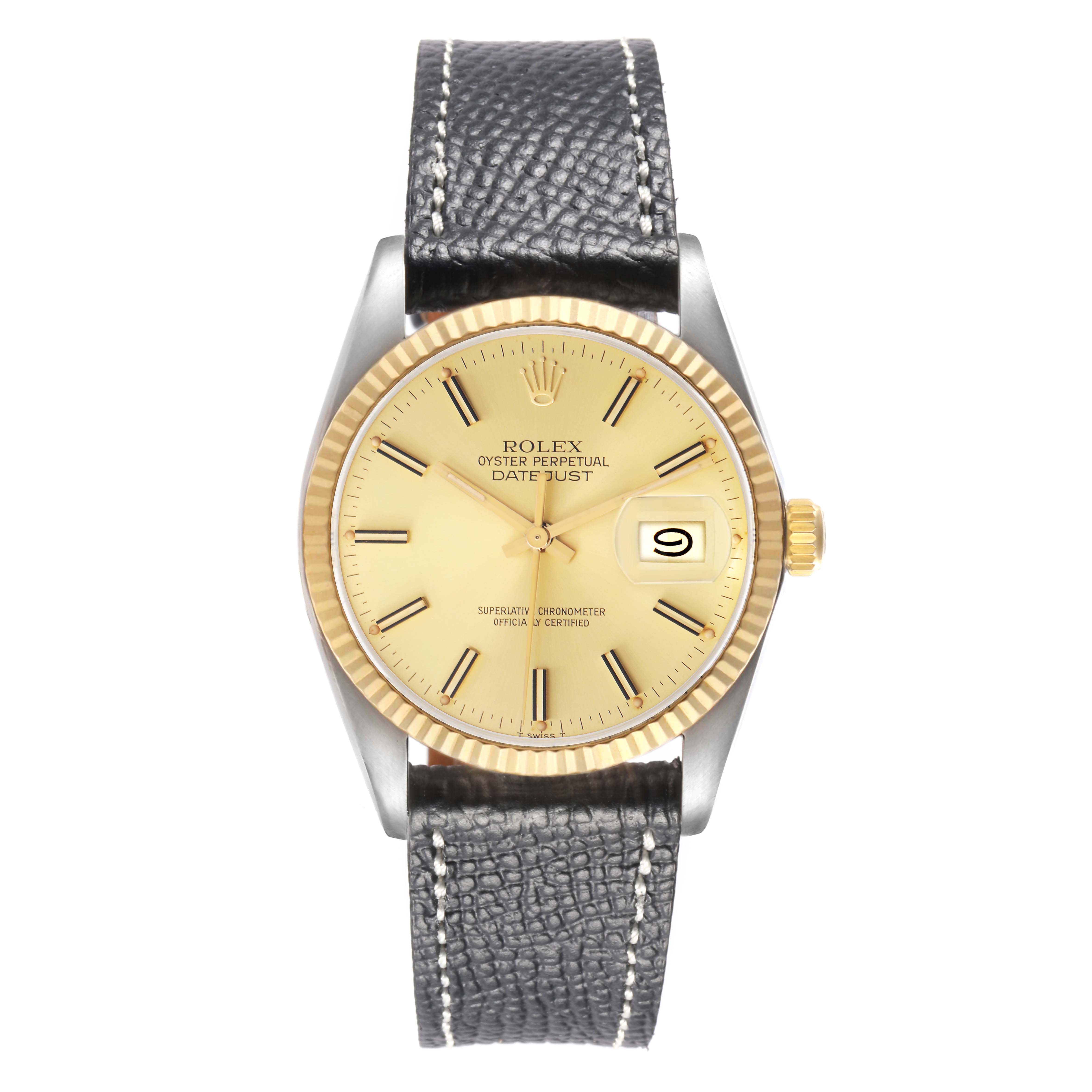 The Rolex Datejust model 16013 is shown from a top view, displaying the dial, fluted bezel, crown, and a leather strap.