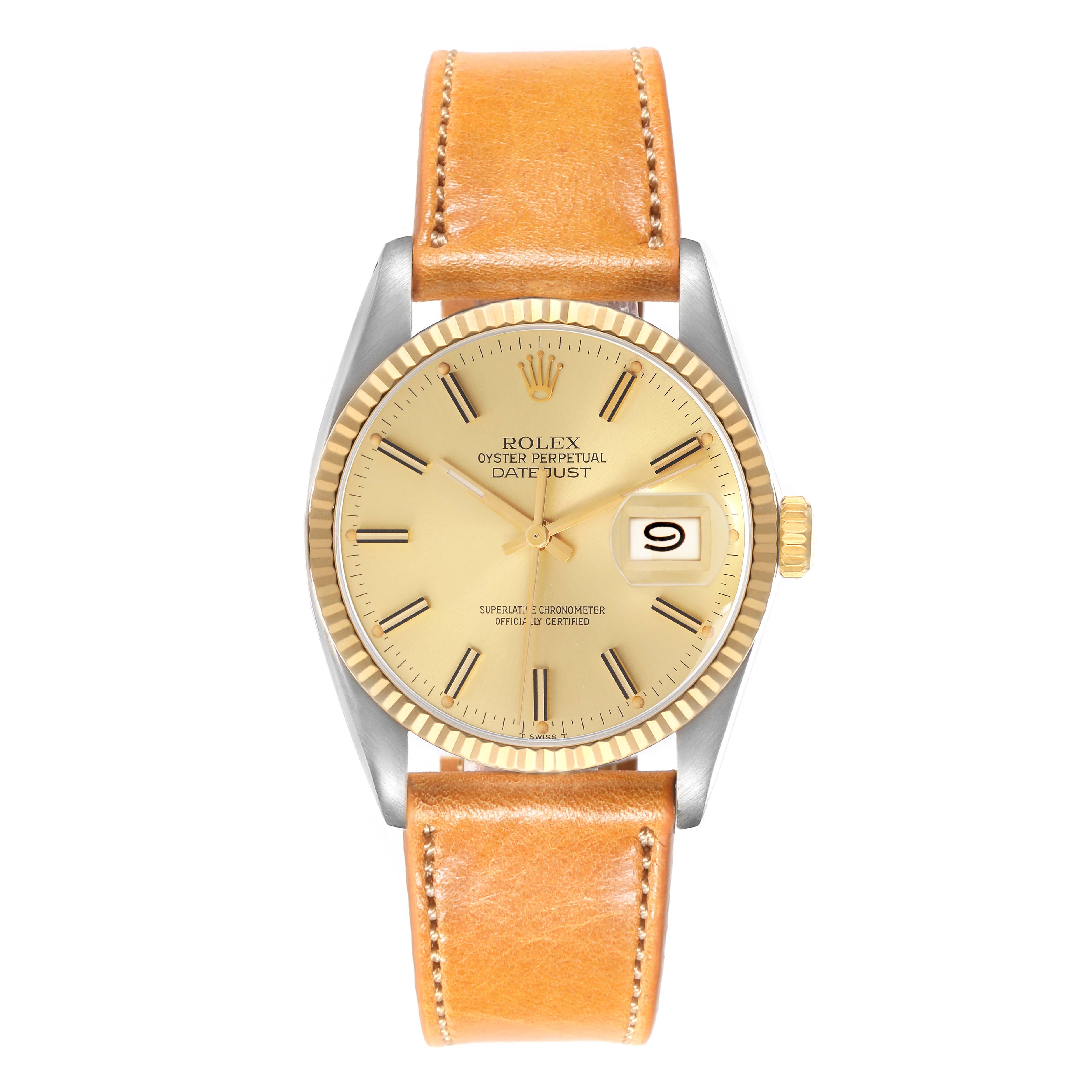 The Rolex Datejust model 16013 men
s watch is shown from a top-down angle, featuring its face, bezel, crown, and leather strap.