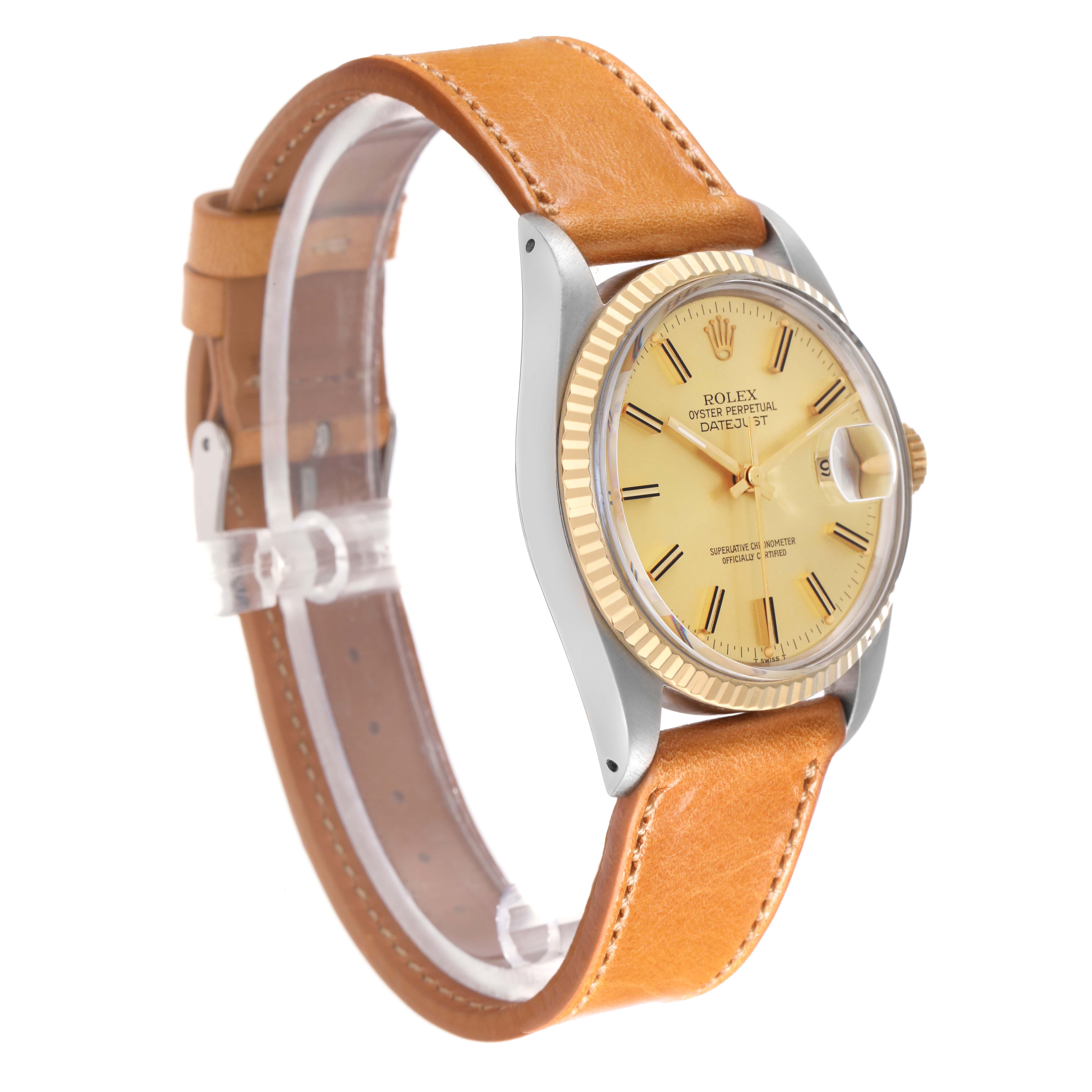 The image shows a Rolex Datejust model 16013 men
s watch at a slight angle, highlighting its tan leather strap, gold fluted bezel, and champagne dial.