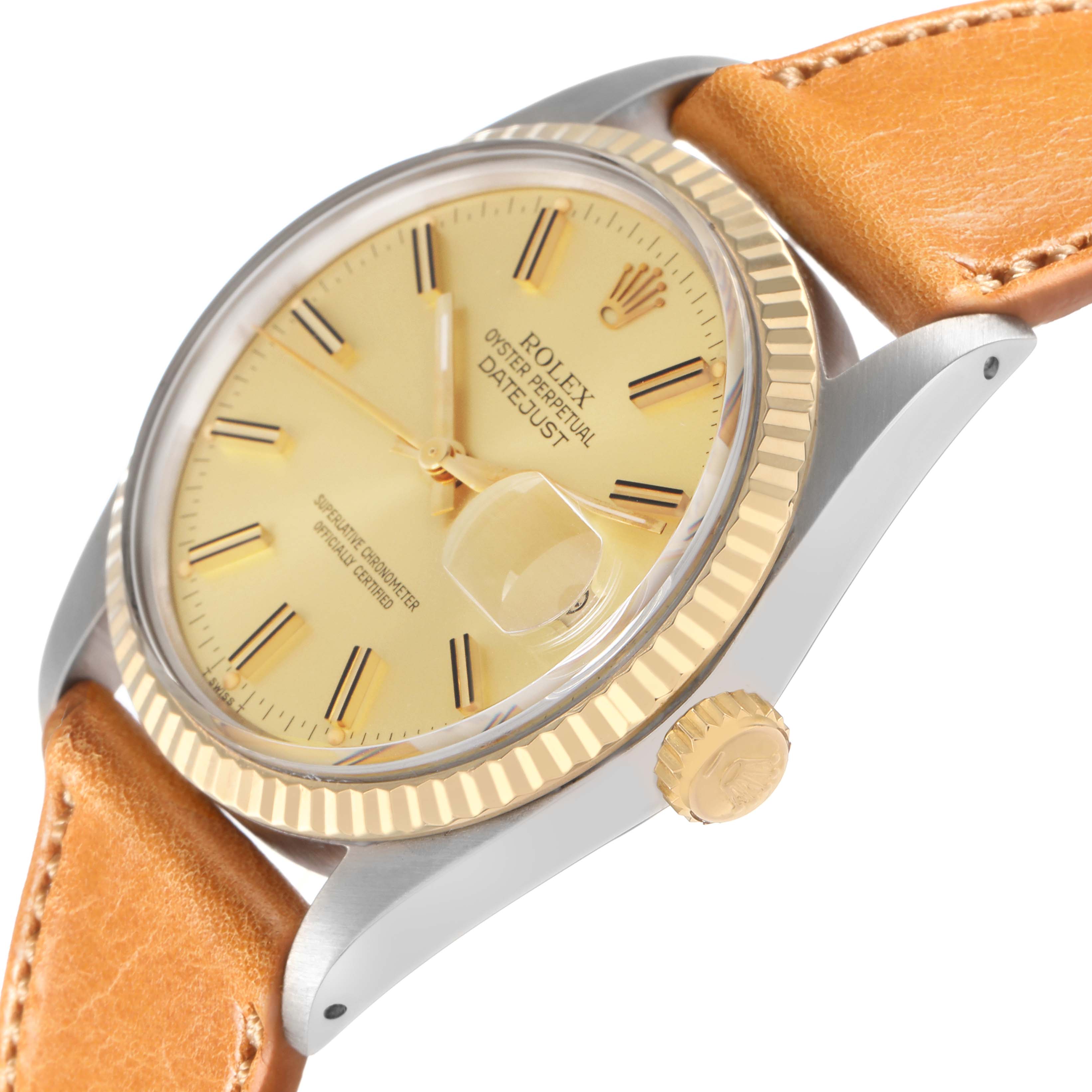 The image shows a Rolex Datejust model 16013 from a side angle, highlighting the gold bezel, crown, and part of the leather strap.