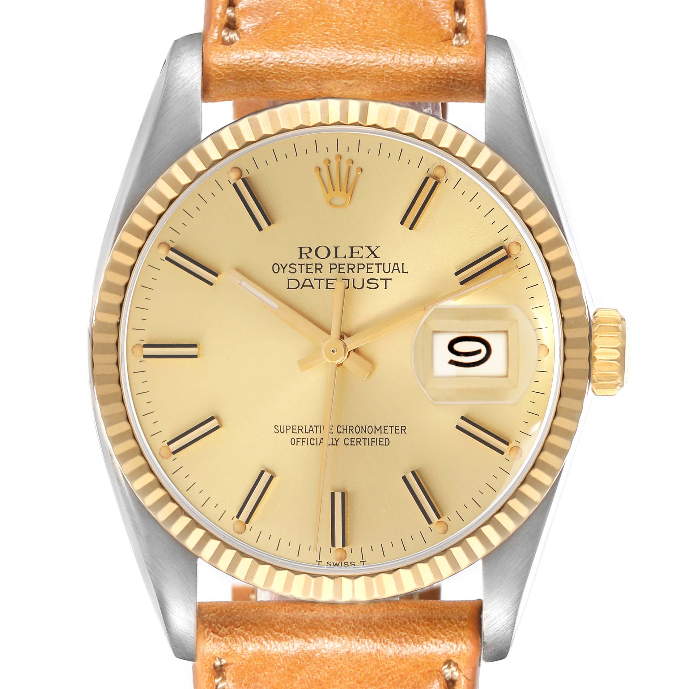 The Rolex Datejust model 16013 men
s watch is shown from a top-down angle, highlighting the face, bezel, crown, and part of the leather strap.