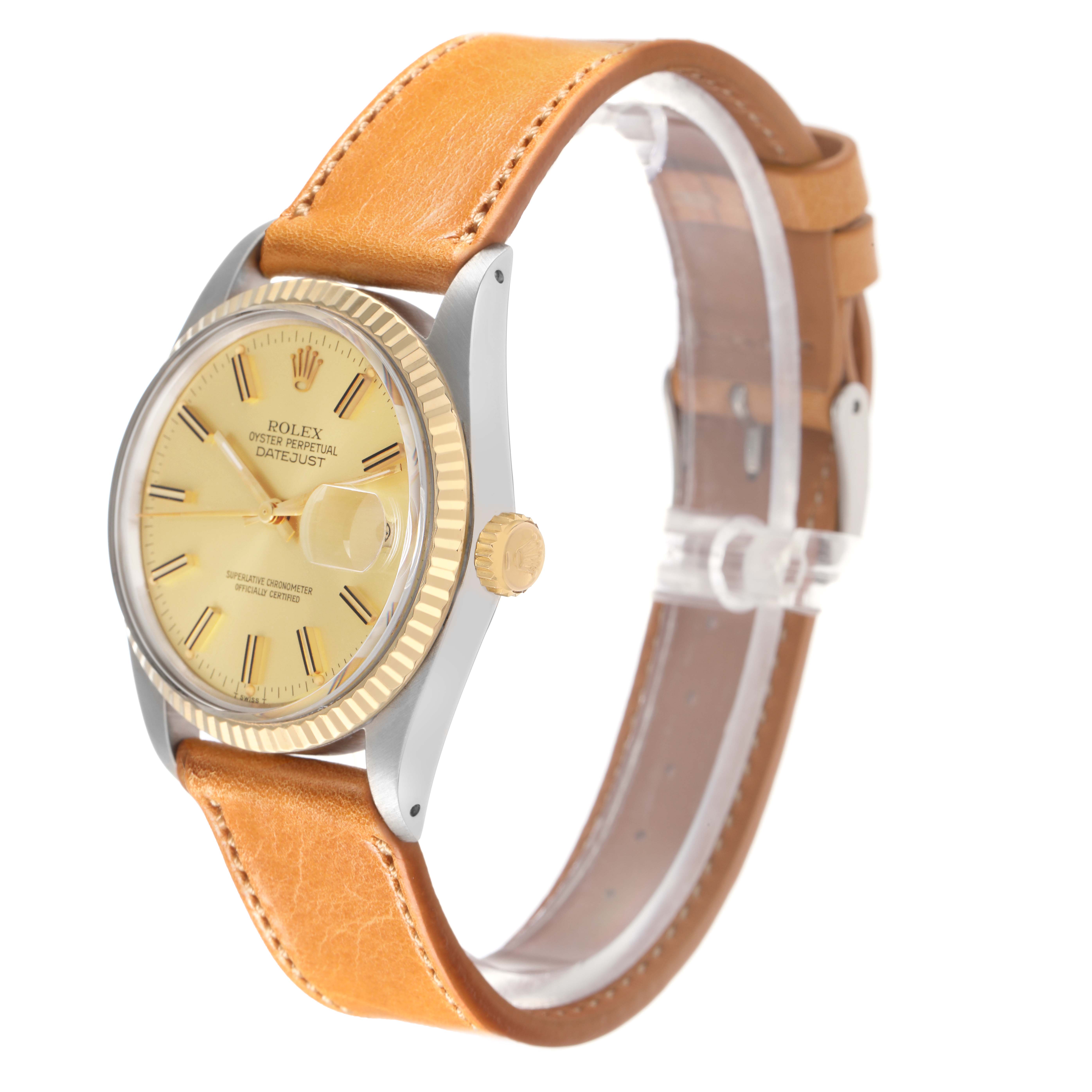 The image shows a Rolex Datejust model 16013 from a side angle, highlighting the watch face, crown, bezel, and leather strap.