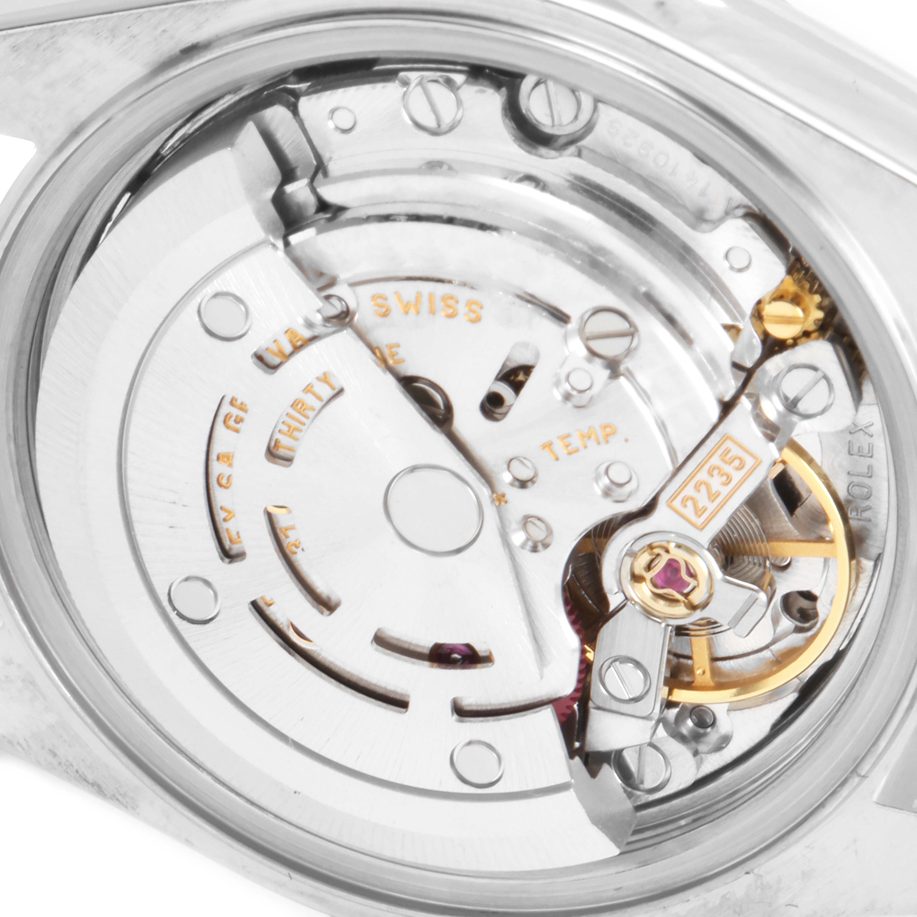 This image shows the inner mechanical movement of the Rolex Datejust 79173 Women
s Steel and Gold (two tone) White Dial 79173 Women
s Steel and Gold (two tone) White Dial watch from a rear view.