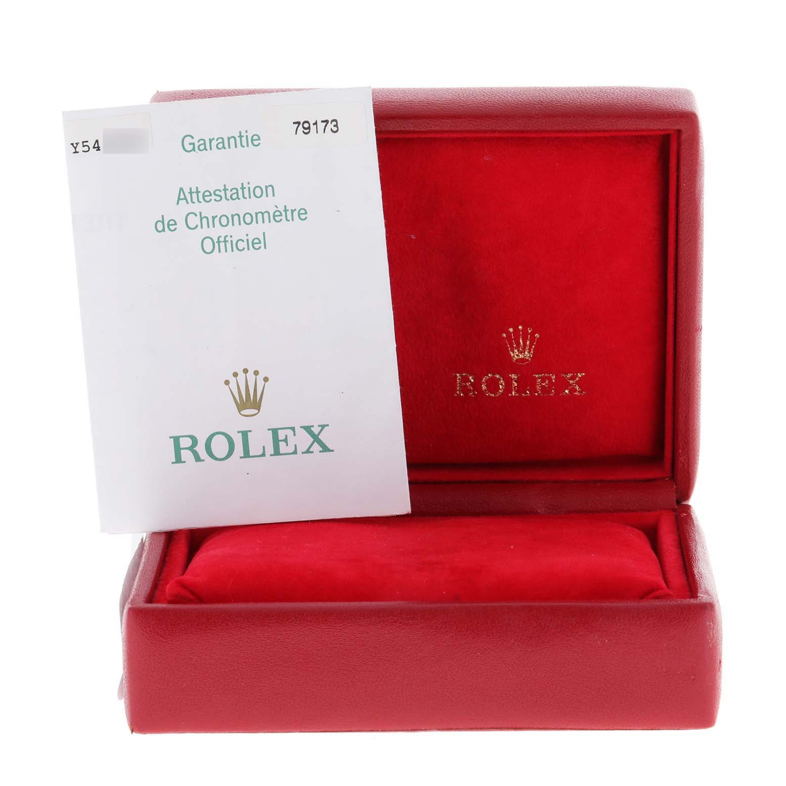 The image shows a red velvet Rolex Datejust 79173 Women
s Steel and Gold (two tone) White Dial 79173 Women
s Steel and Gold (two tone) White Dial watch box with a certificate of Best Quality
ity placed on top.