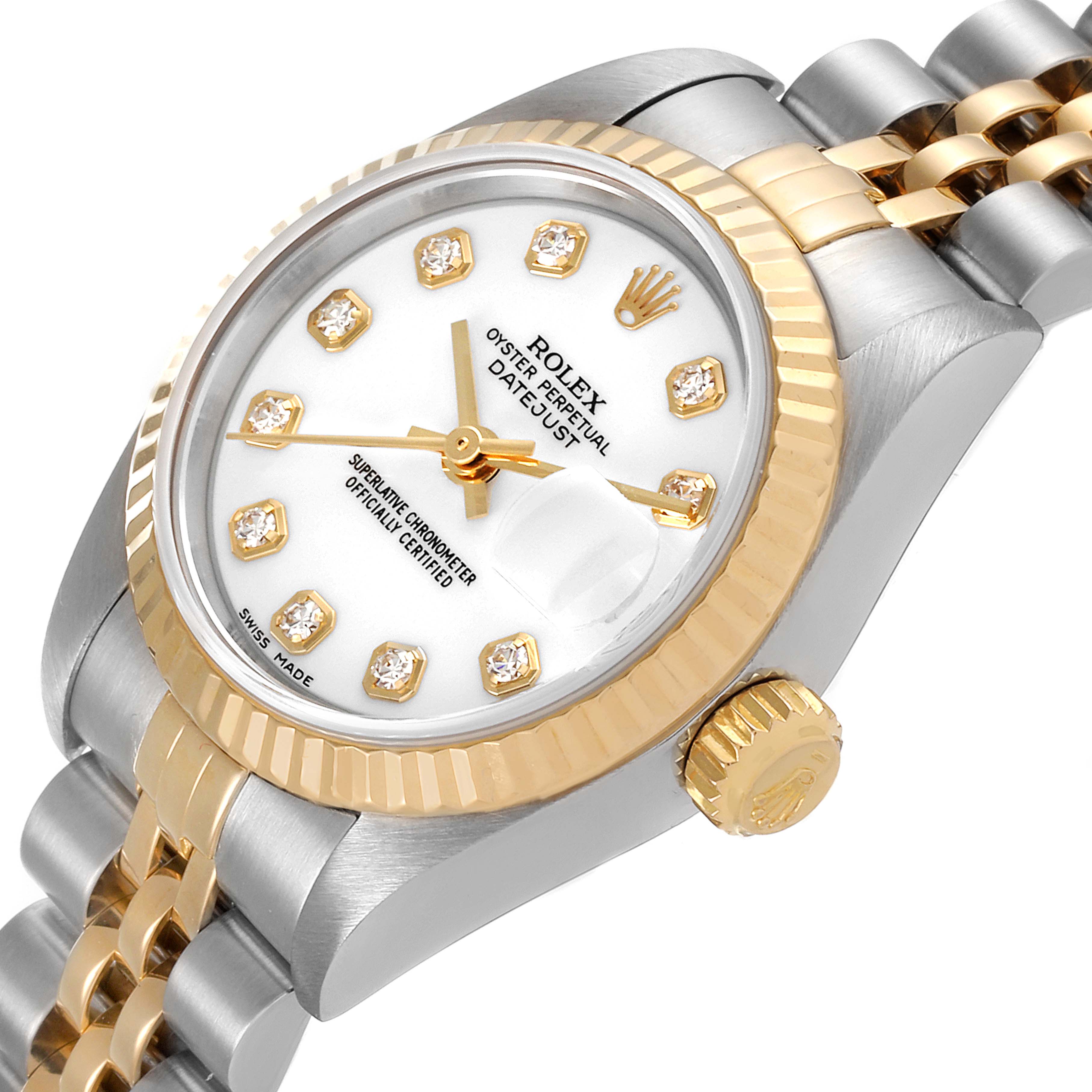 The image shows a close-up angled view of a Rolex Datejust 79173 Women
s Steel and Gold (two tone) White Dial 79173 Women
s Steel and Gold (two tone) White Dial watch, highlighting the dial, crown, and part of the bracelet.
