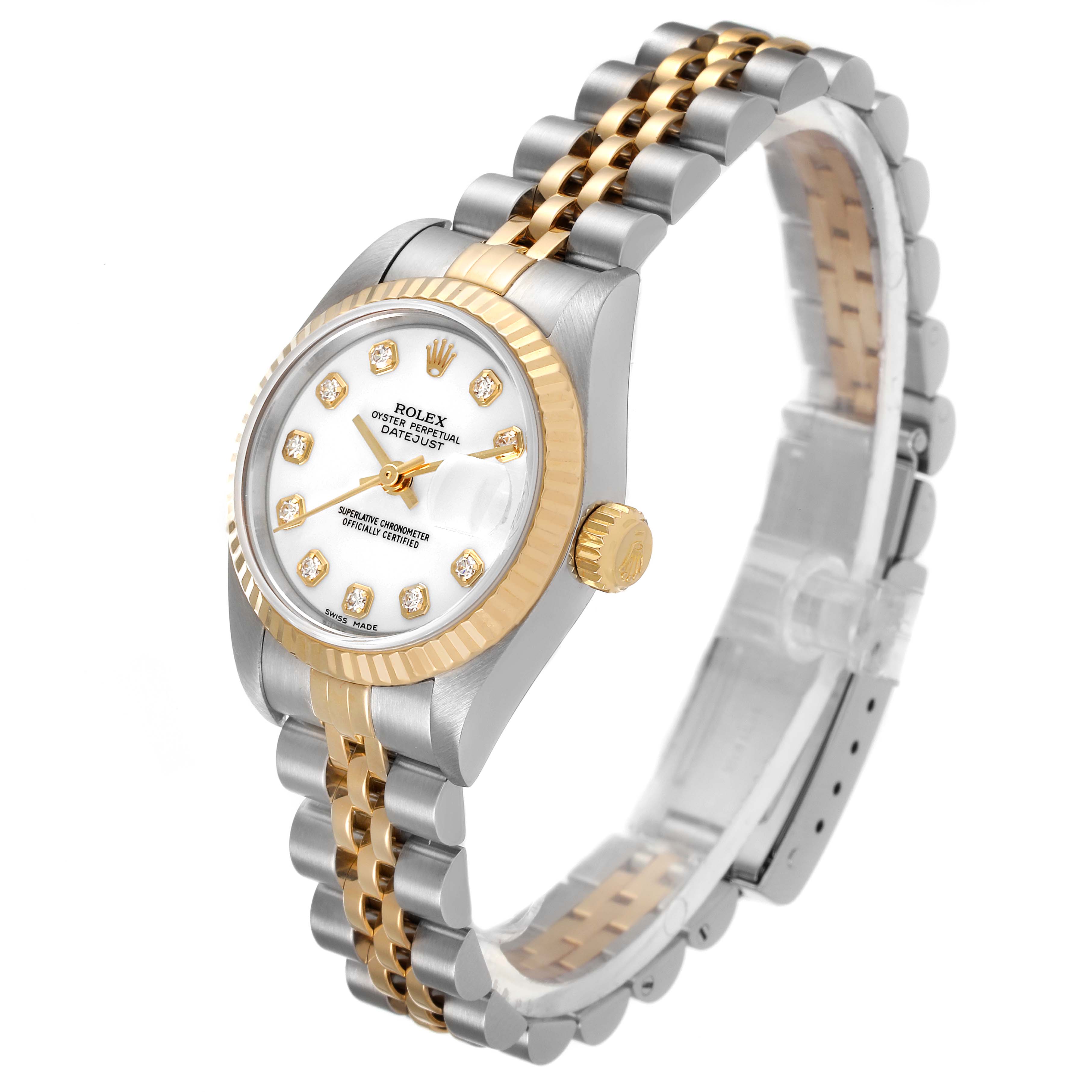 This image shows a Rolex Datejust 79173 Women
s Steel and Gold (two tone) White Dial 79173 Women
s Steel and Gold (two tone) White Dial watch at an angle emphasizing the face, bezel, crown, and two-tone jubilee bracelet.