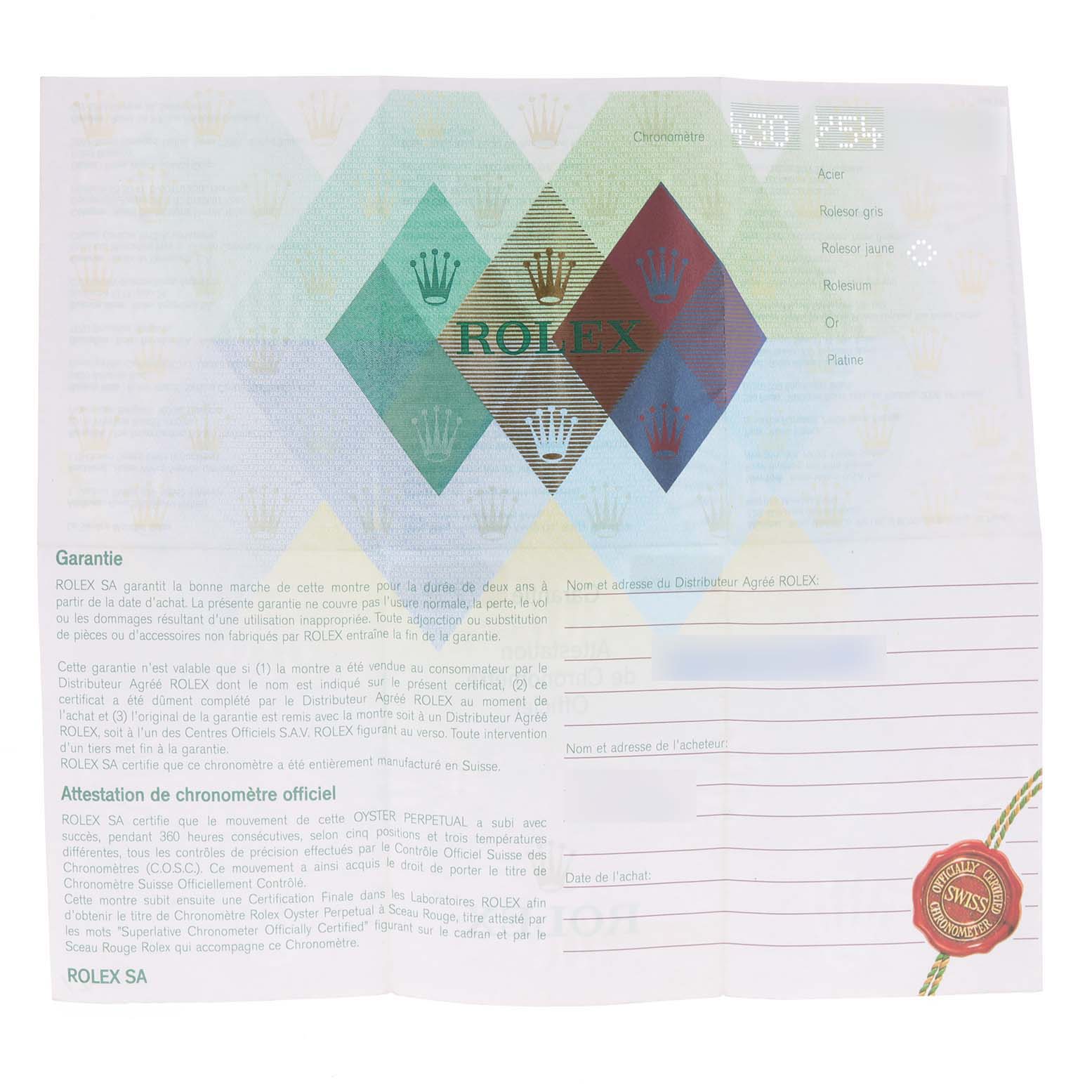 The image shows the warranty certificate of a Rolex Datejust 79173 Women
s Steel and Gold (two tone) White Dial 79173 Women
s Steel and Gold (two tone) White Dial watch from a top-down angle.