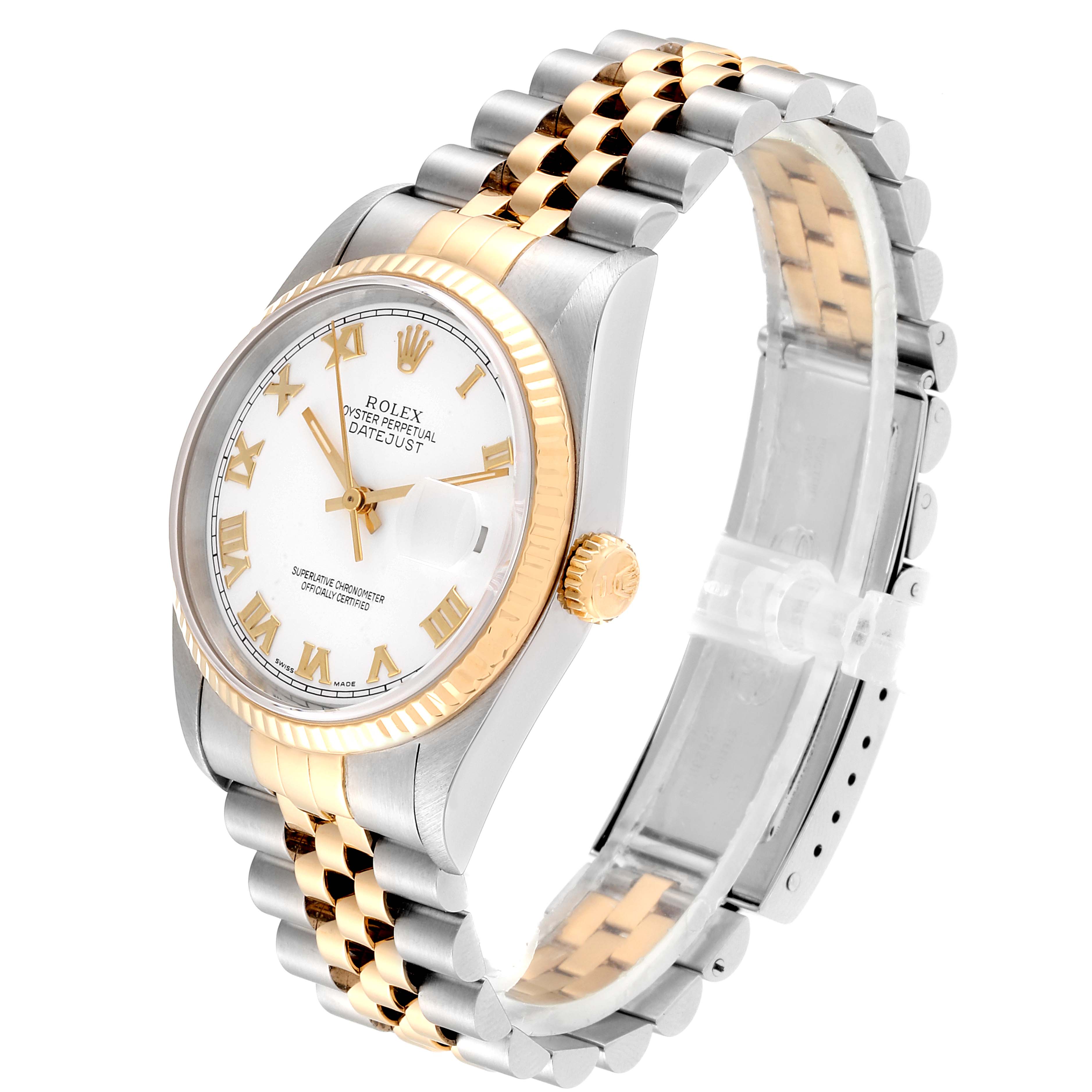 The Rolex Datejust 16233 Men
s Steel and Gold (two tone) White Dial 16233 Men
s Steel and Gold (two tone) White Dial watch is shown at an angle highlighting the face, crown, bezel, and bracelet.