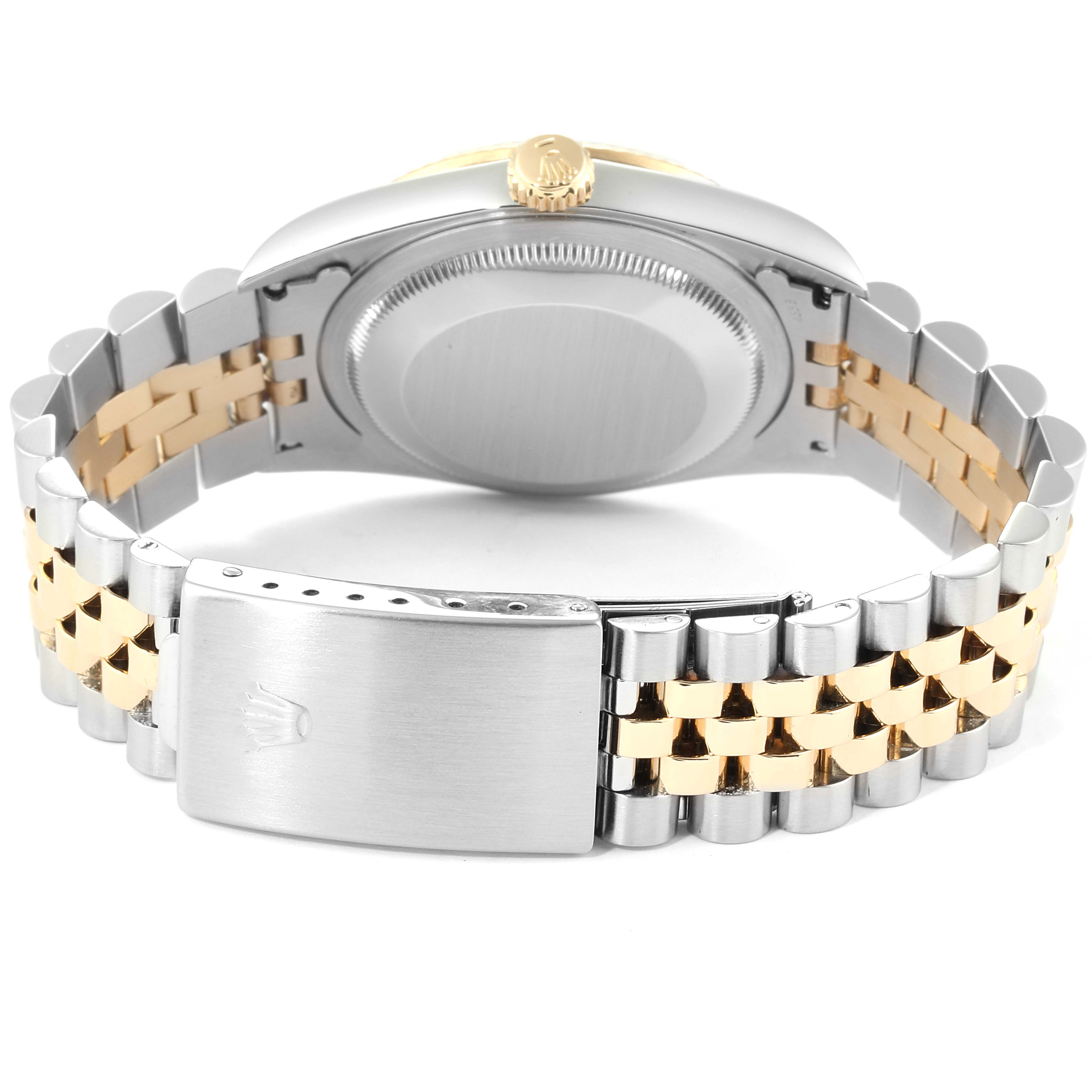 The image shows the back and clasp of a Rolex Datejust 16233 Men
s Steel and Gold (two tone) White Dial 16233 Men
s Steel and Gold (two tone) White Dial watch, highlighting its Jubilee bracelet.