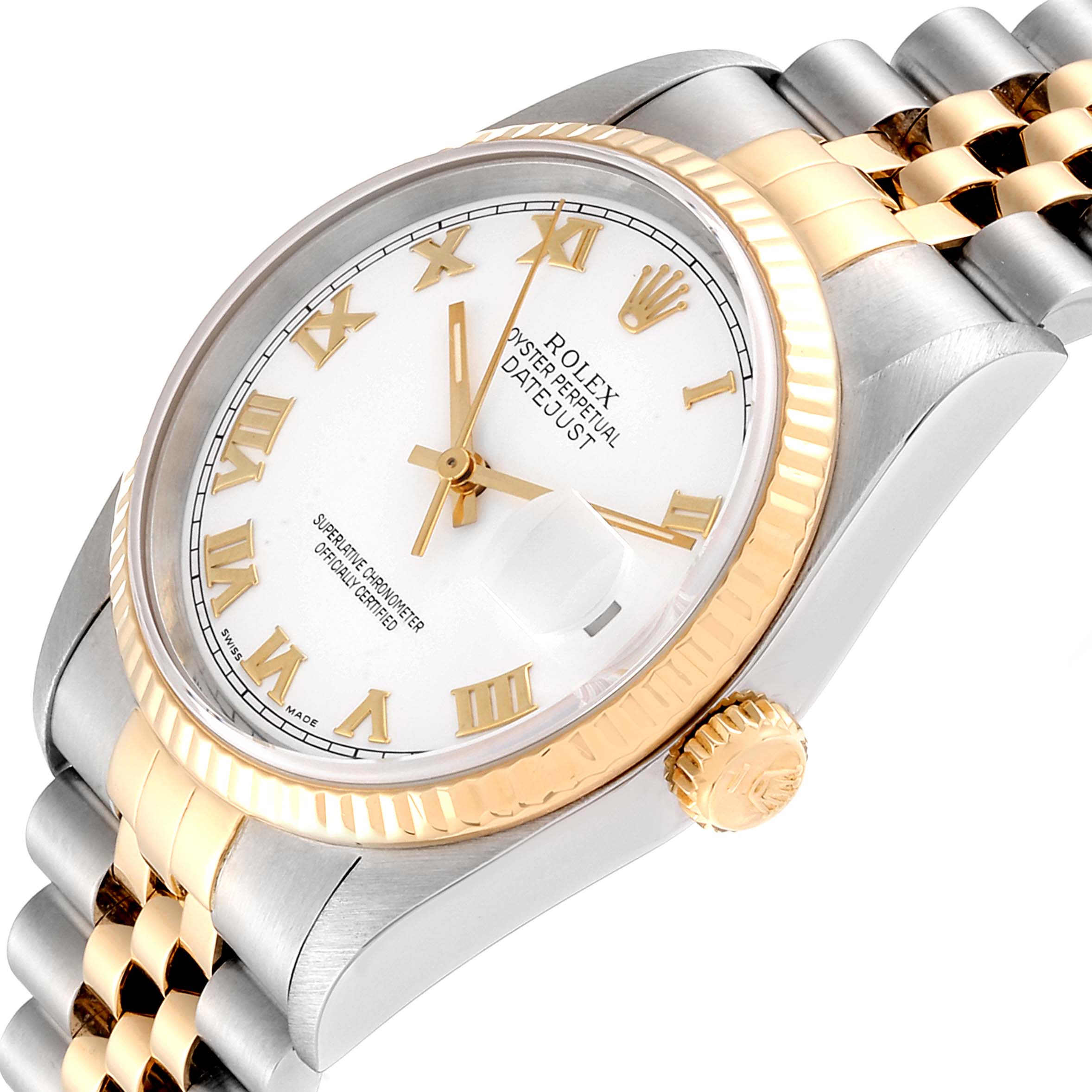 The image shows a close-up angled view of the dial, bezel, crown, and bracelet of a Rolex Datejust 16233 Men
s Steel and Gold (two tone) White Dial 16233 Men
s Steel and Gold (two tone) White Dial watch.
