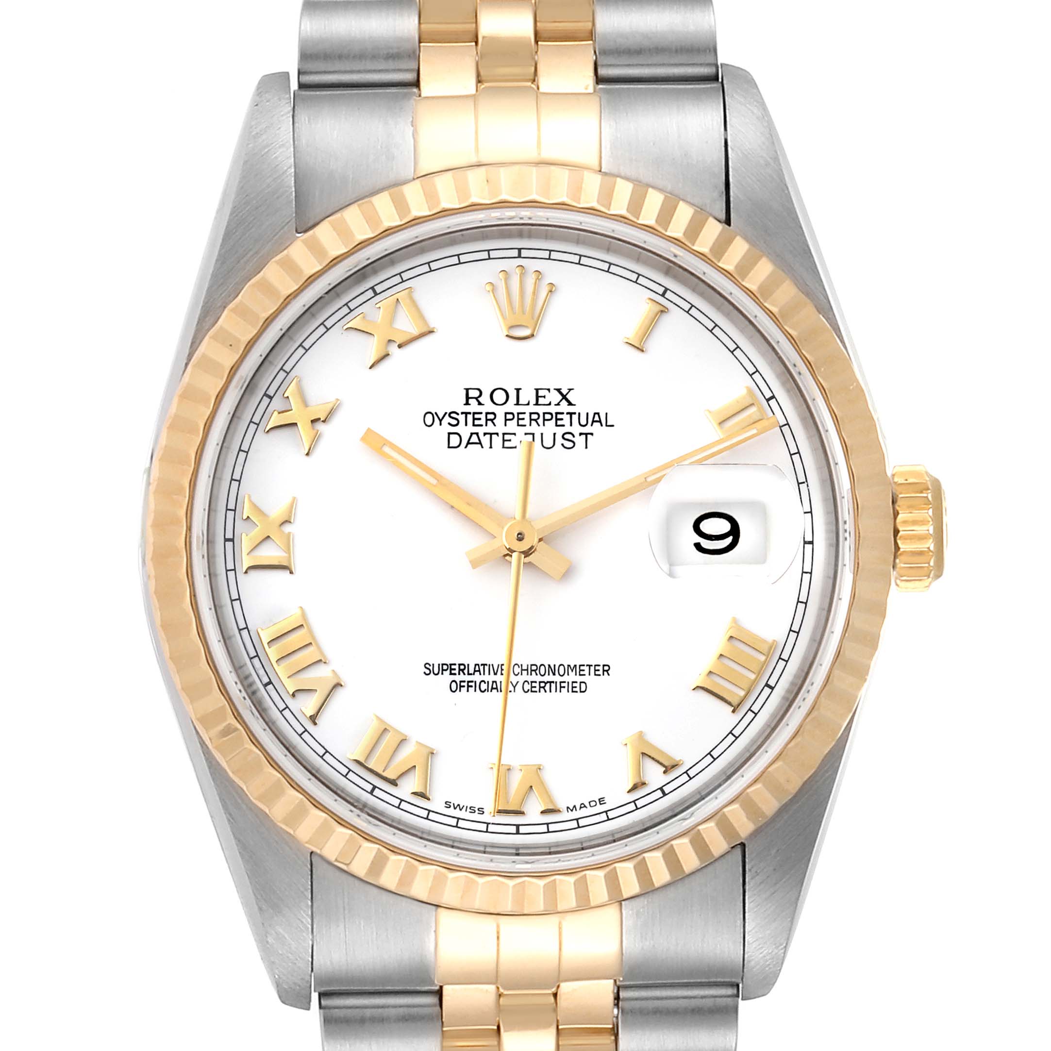 This image shows a Rolex Datejust 16233 Men
s Steel and Gold (two tone) White Dial 16233 Men
s Steel and Gold (two tone) White Dial watch from a front angle, highlighting its face, bezel, and part of the bracelet.