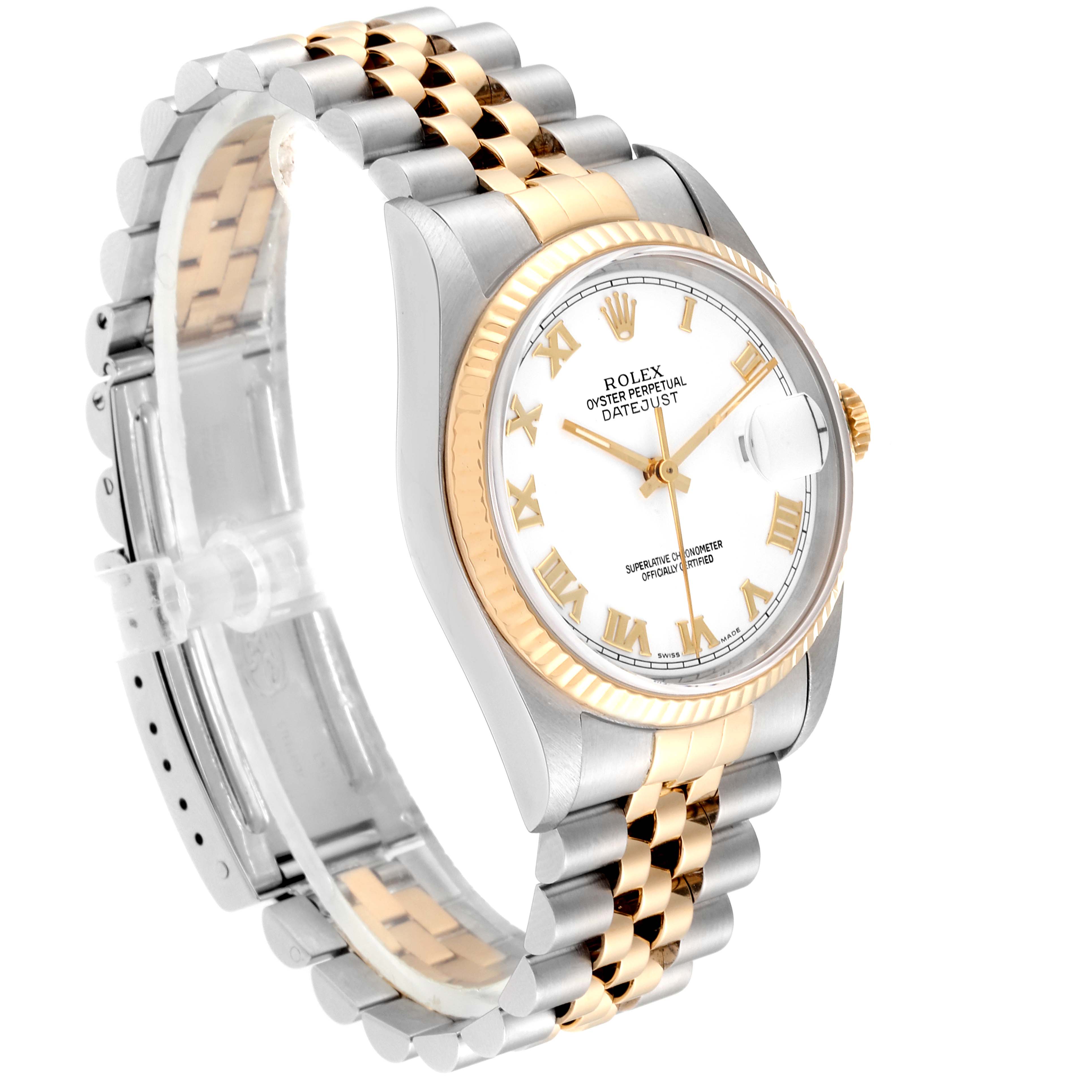 This image shows a side angle of a Rolex Datejust 16233 Men
s Steel and Gold (two tone) White Dial 16233 Men
s Steel and Gold (two tone) White Dial watch, highlighting the dial, case, and two-tone bracelet.