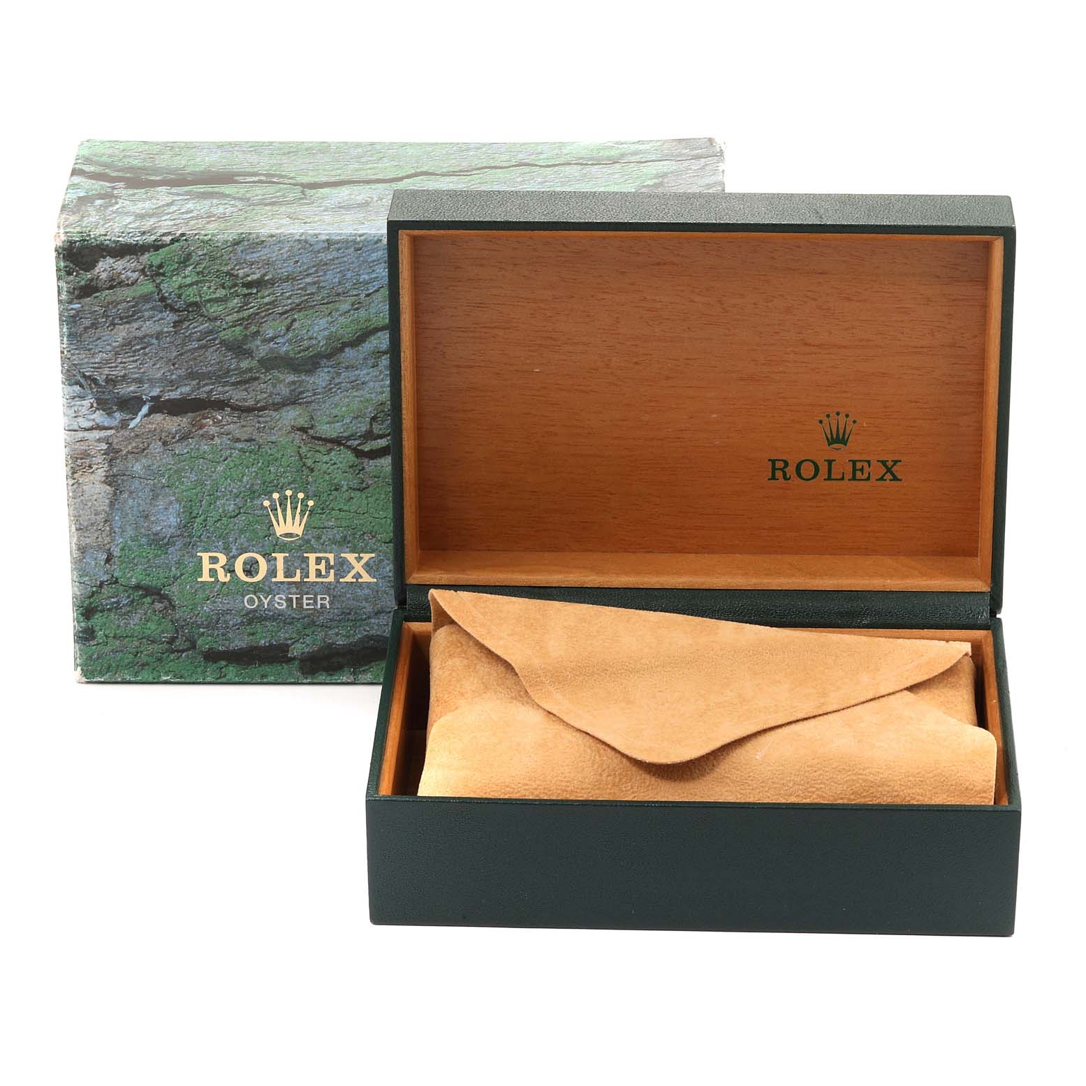 The image shows an empty Rolex Datejust 16233 Men
s Steel and Gold (two tone) White Dial 16233 Men
s Steel and Gold (two tone) White Dial watch box with its wooden interior and a suede pouch.