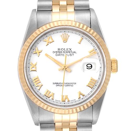 The image displays a frontal view of the Rolex Datejust watch, showcasing the dial, bezel, and part of the bracelet.