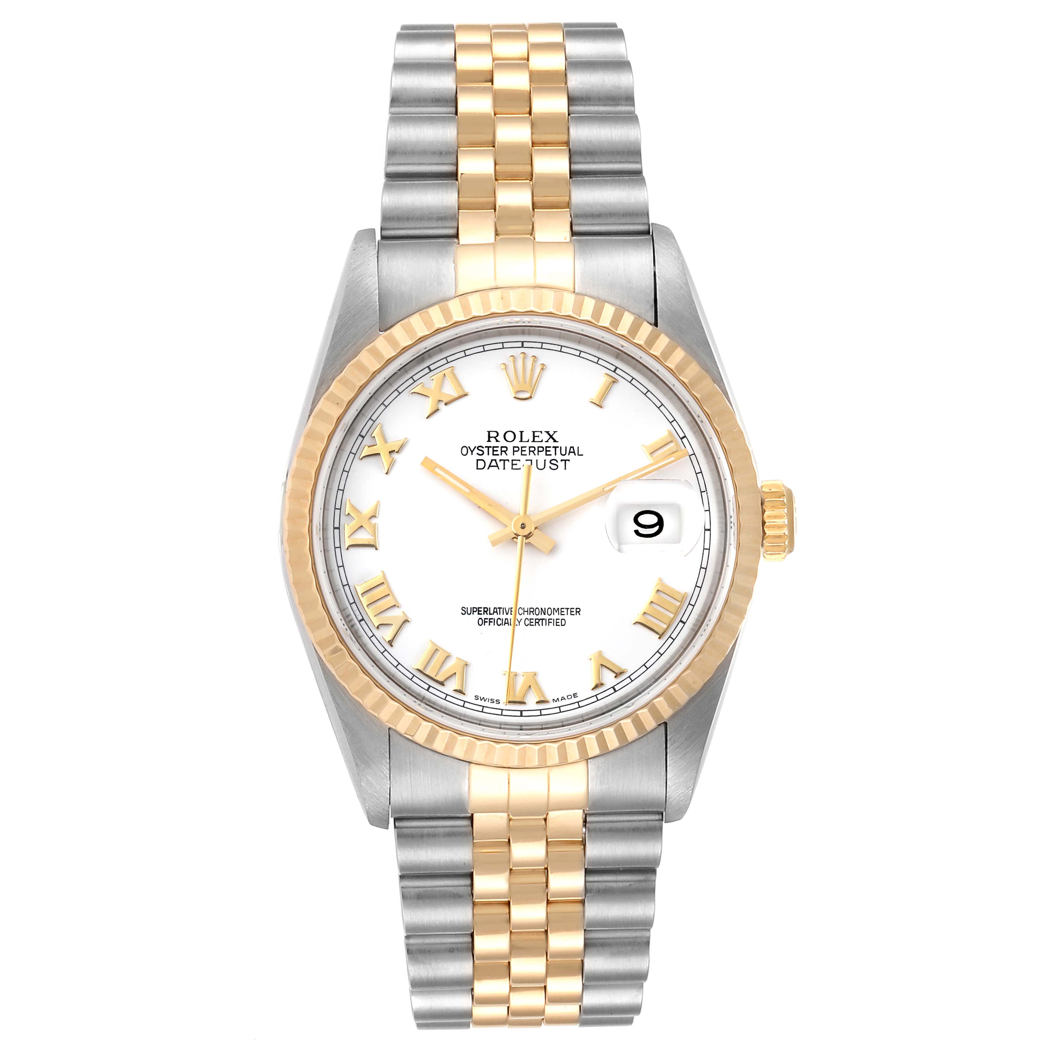 This image shows a frontal view of a Rolex Datejust 16233 Men
s Steel and Gold (two tone) White Dial 16233 Men
s Steel and Gold (two tone) White Dial watch, highlighting its dial, bezel, and bracelet.