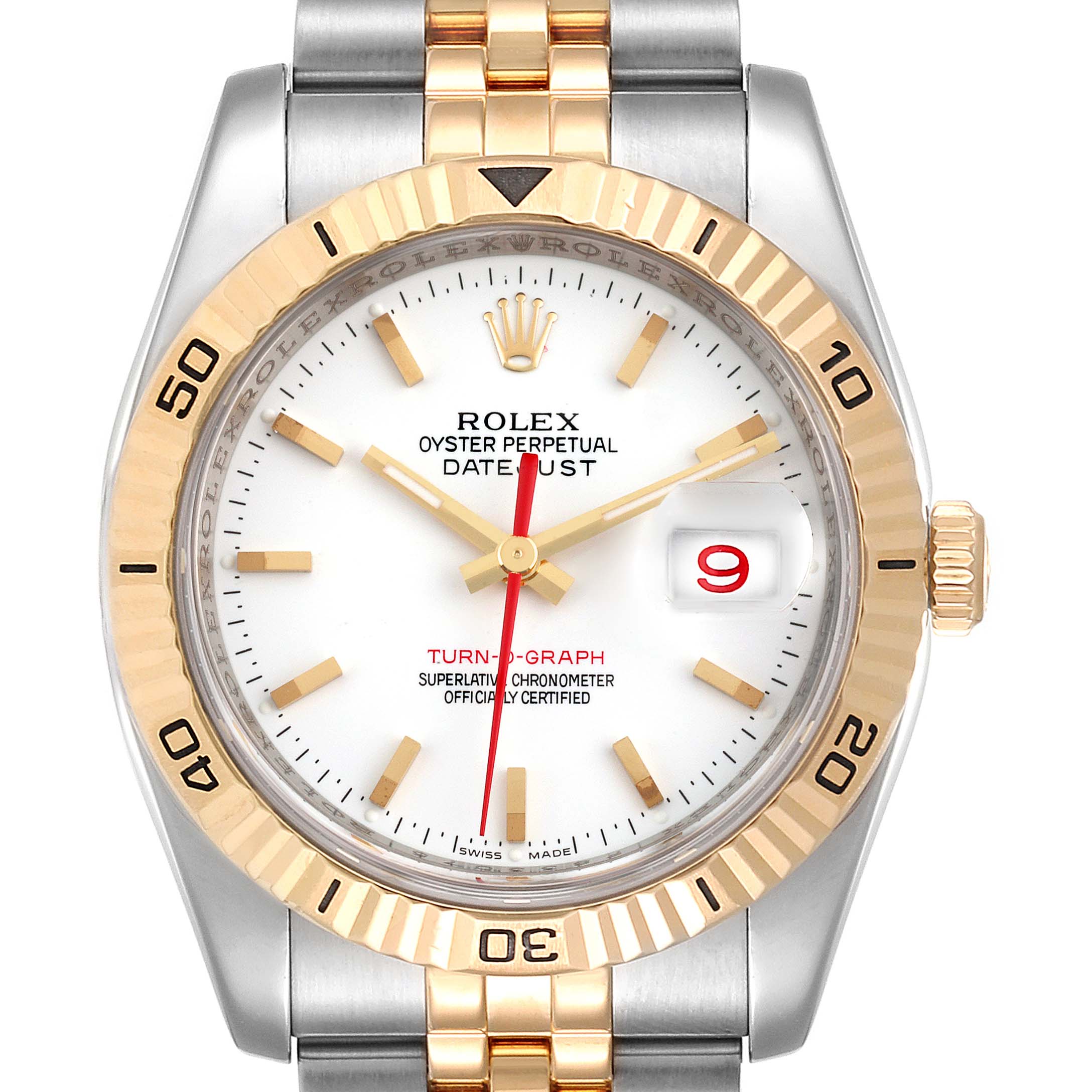 The image shows a front view of the Rolex Turn-o-Graph 116263 Men's Steel and Gold (two tone) White Dial 116263 Men's Steel and Gold (two tone) White Dial model, highlighting the dial, bezel, and part of the bracelet.