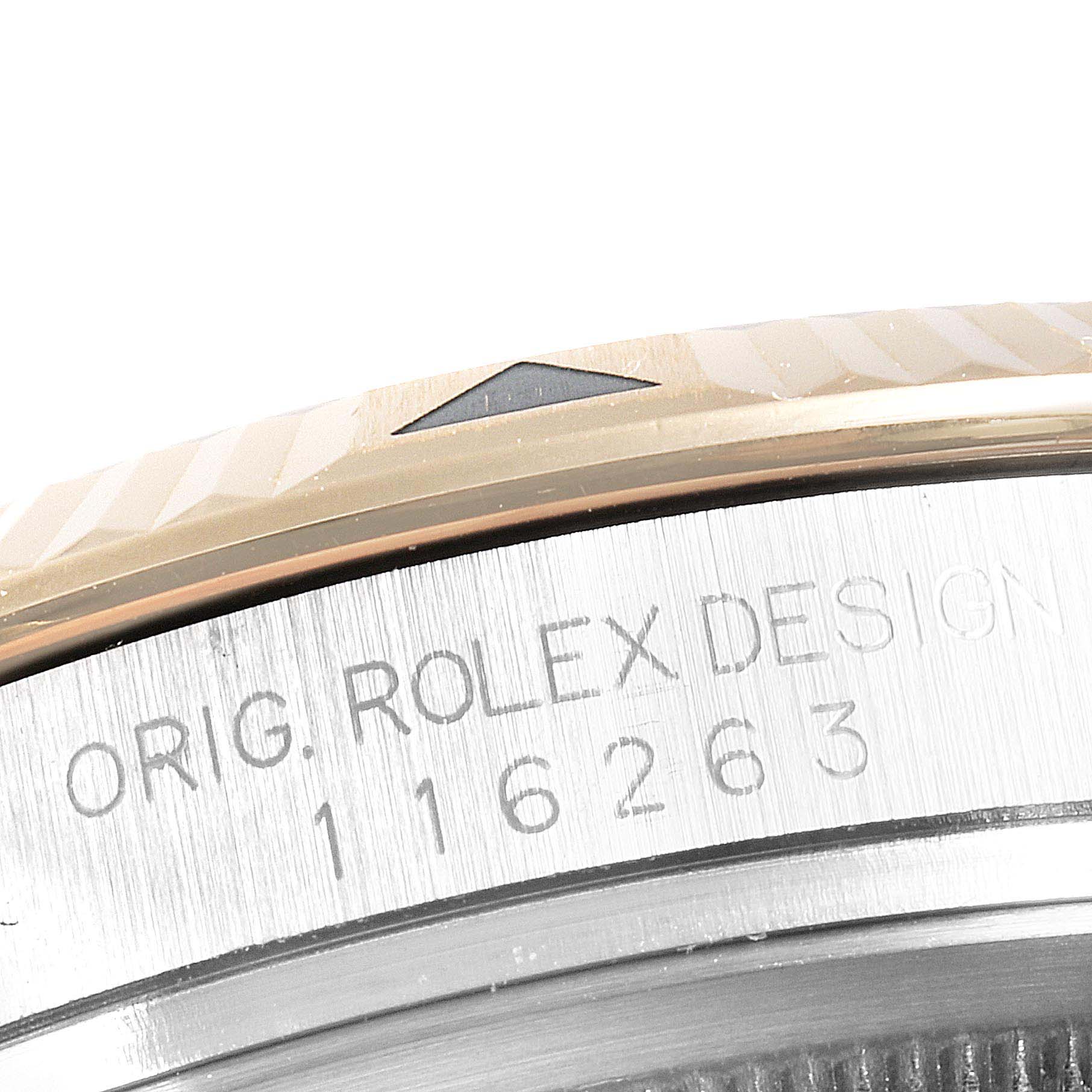 The image shows a close-up of the bezel and case side of a Rolex Turn-o-Graph 116263 Men's Steel and Gold (two tone) White Dial 116263 Men's Steel and Gold (two tone) White Dial, including the Rolex design inscription and reference number.