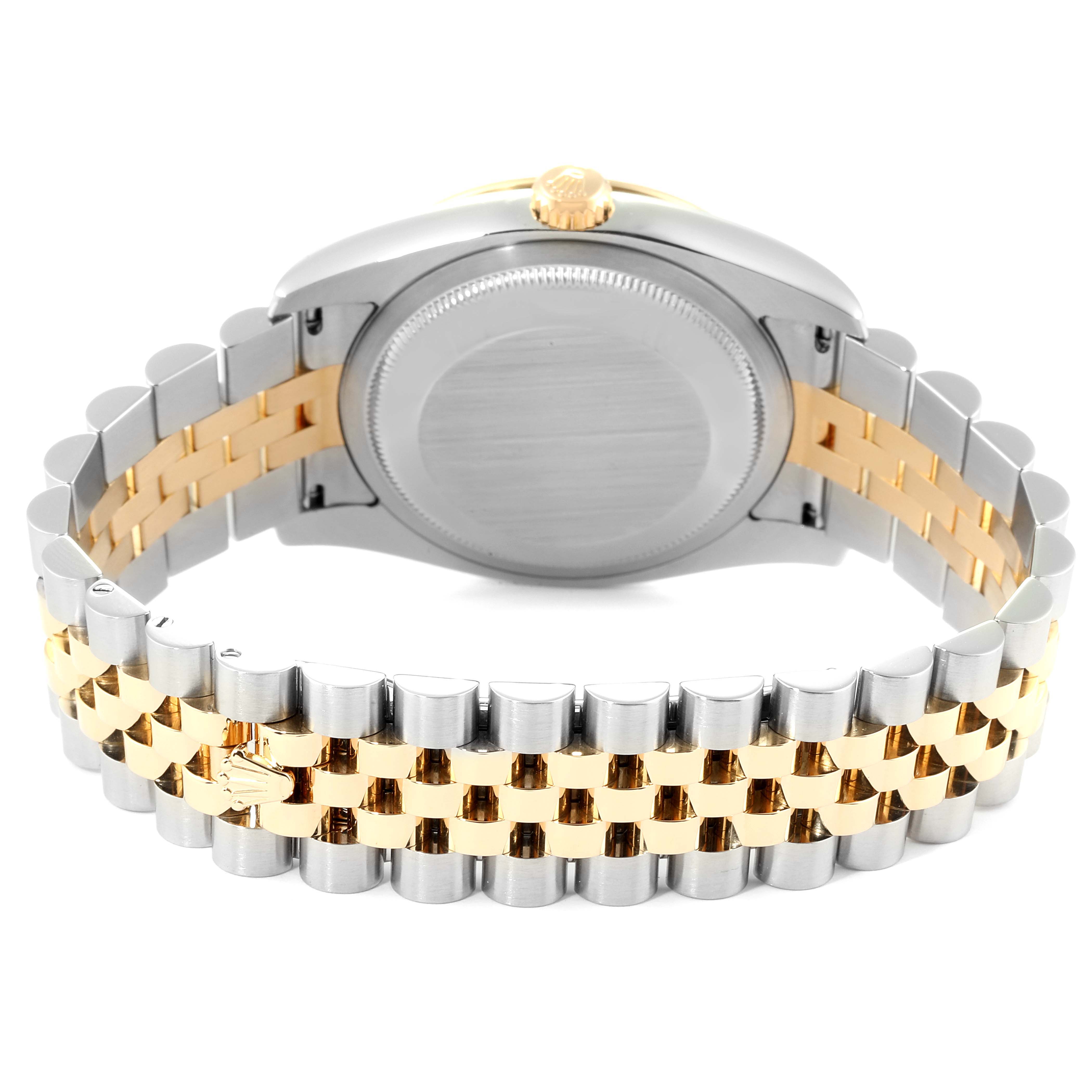 The image shows the back and bracelet of a Rolex Turn-o-Graph 116263 Men's Steel and Gold (two tone) White Dial 116263 Men's Steel and Gold (two tone) White Dial watch.