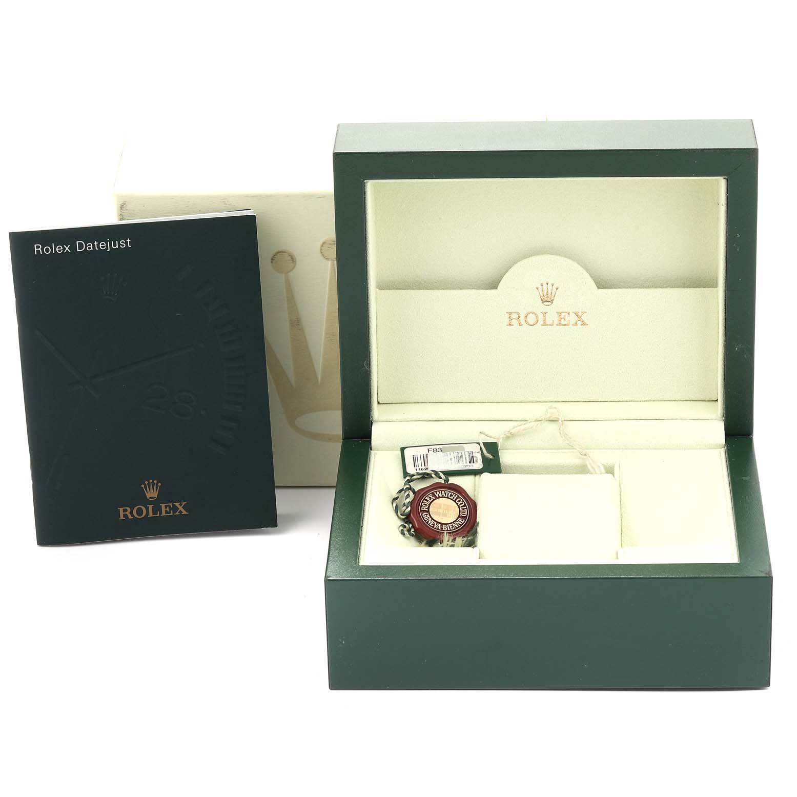 The image shows the Rolex Turn-o-Graph 116263 Men's Steel and Gold (two tone) White Dial 116263 Men's Steel and Gold (two tone) White Dial watch accessories, including the box, booklet, and tags, from a top-down angle.