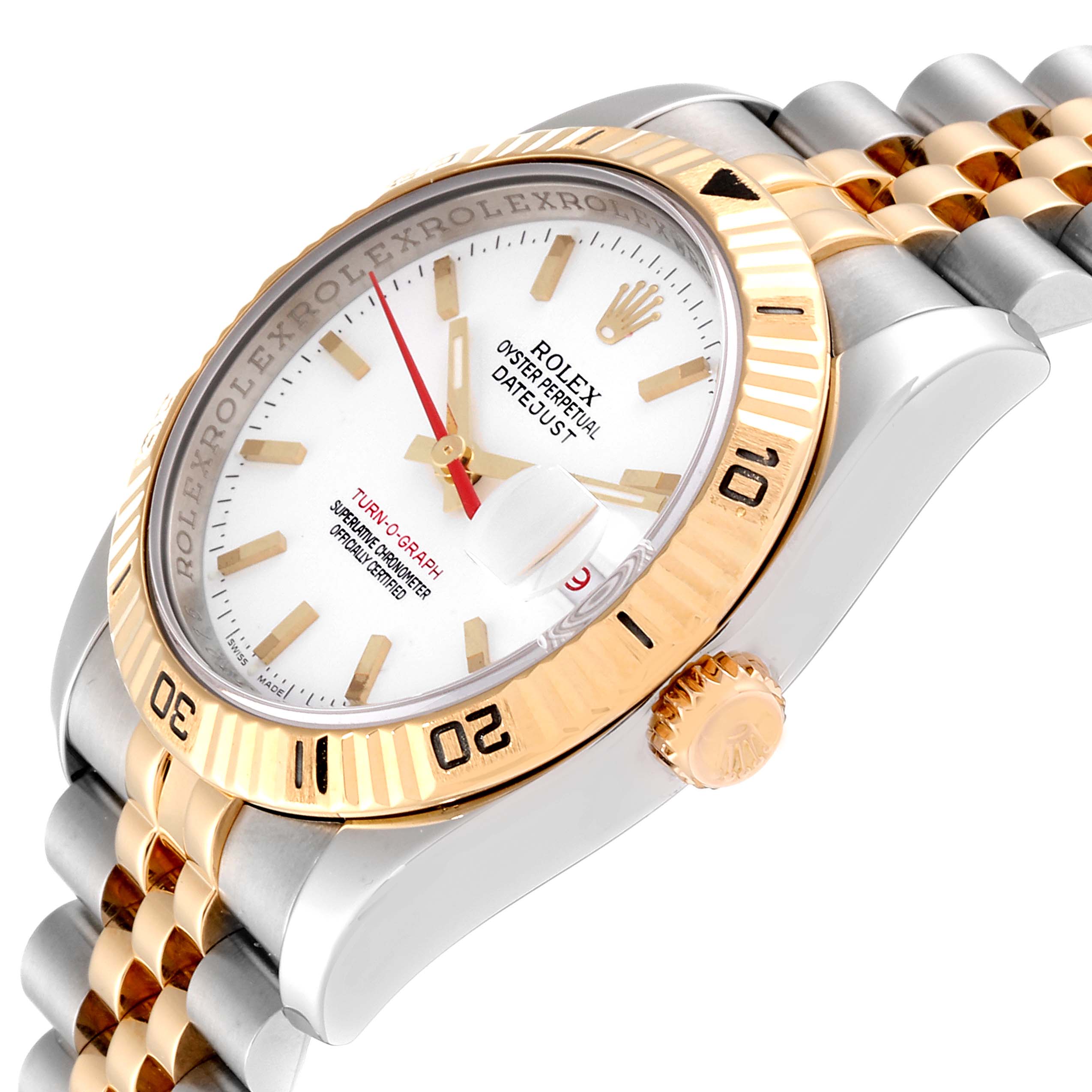 The image shows a Rolex Turn-o-Graph 116263 Men's Steel and Gold (two tone) White Dial 116263 Men's Steel and Gold (two tone) White Dial watch from a close-up angle, highlighting the dial, bezel, crown, and bracelet.