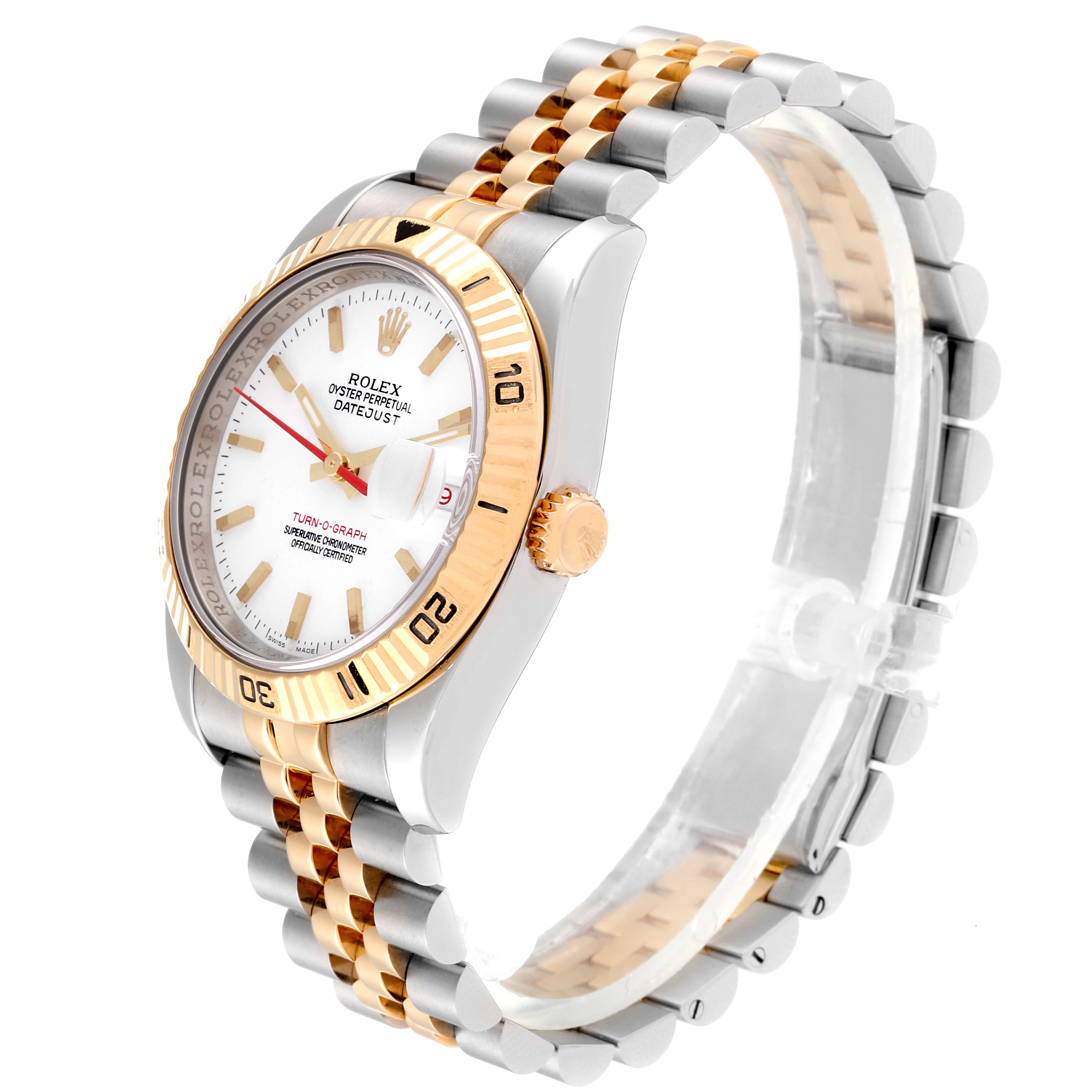 The image showcases a Rolex Turn-o-Graph 116263 Men's Steel and Gold (two tone) White Dial 116263 Men's Steel and Gold (two tone) White Dial watch at a left-side angle, highlighting the face, bezel, crown, and two-tone bracelet.