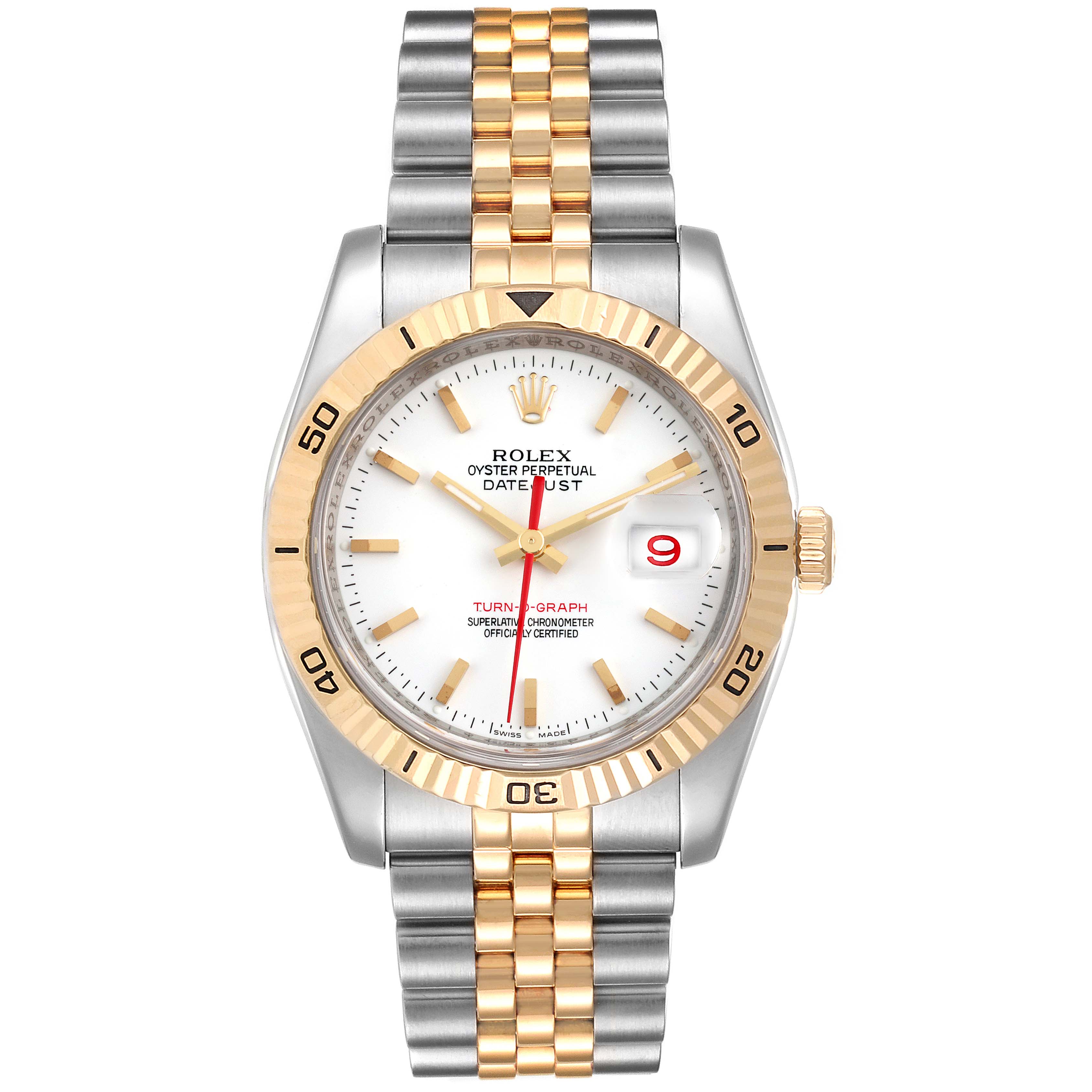 The Rolex Turn-o-Graph 116263 Men's Steel and Gold (two tone) White Dial 116263 Men's Steel and Gold (two tone) White Dial model is shown from a top-down angle, displaying the dial, bezel, and bracelet.