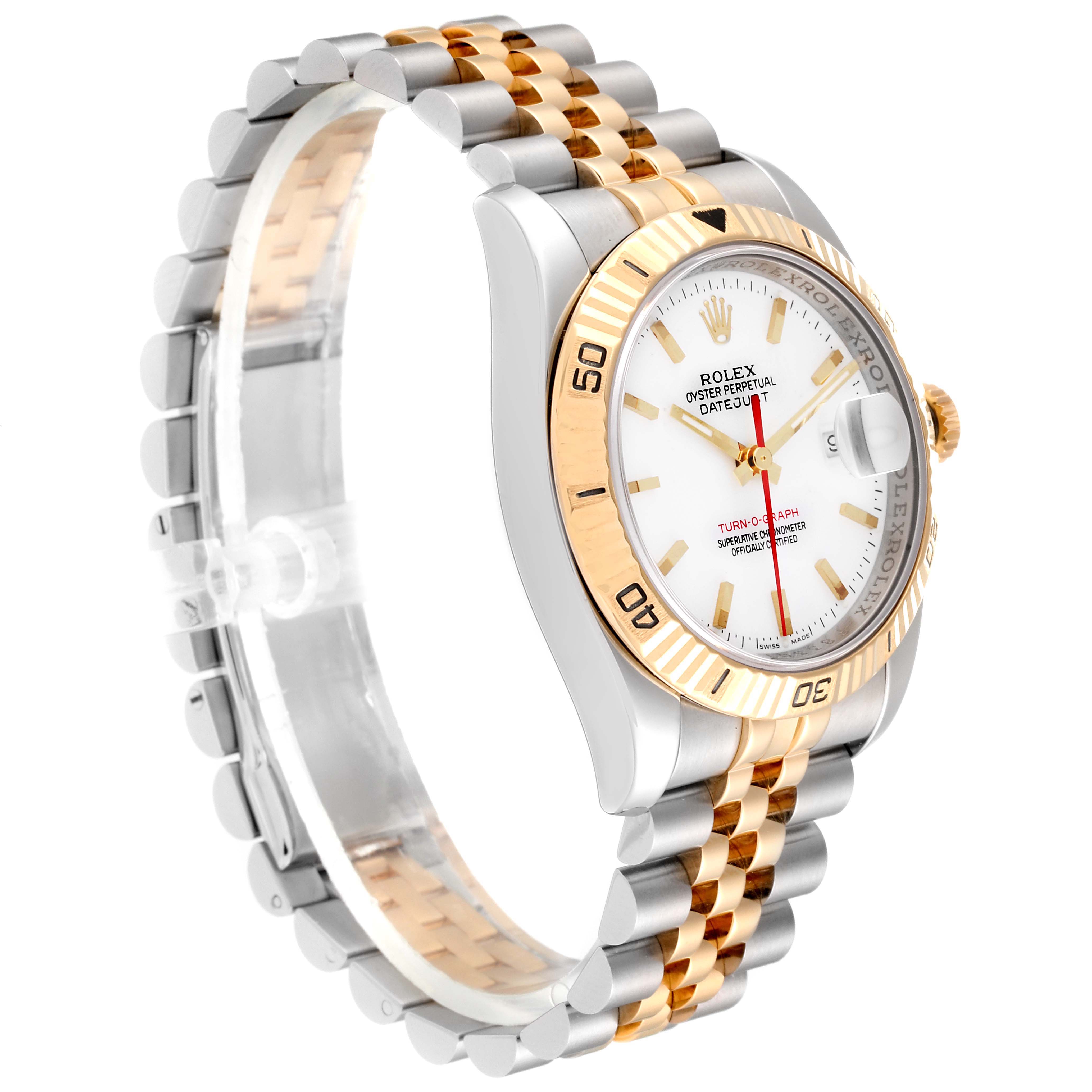 The Rolex Turn-o-Graph 116263 Men's Steel and Gold (two tone) White Dial 116263 Men's Steel and Gold (two tone) White Dial model is shown at an angled side view, displaying the band, bezel, and watch face.